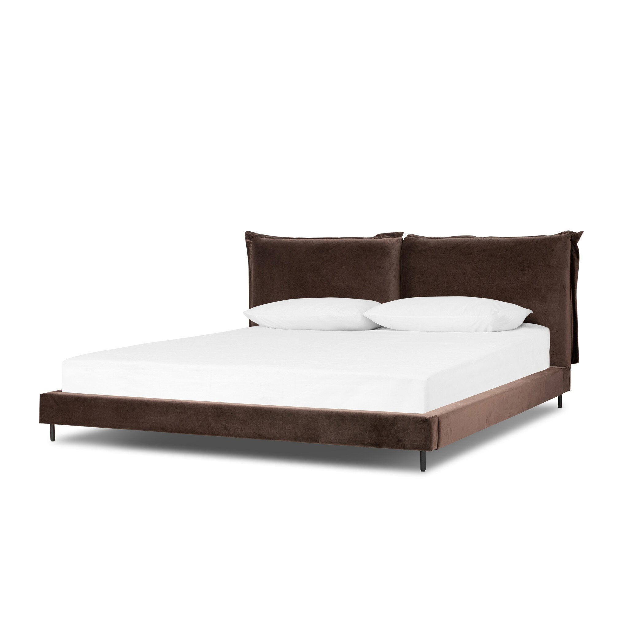 Brown upholstered bed with white mattress and pillows on a white background