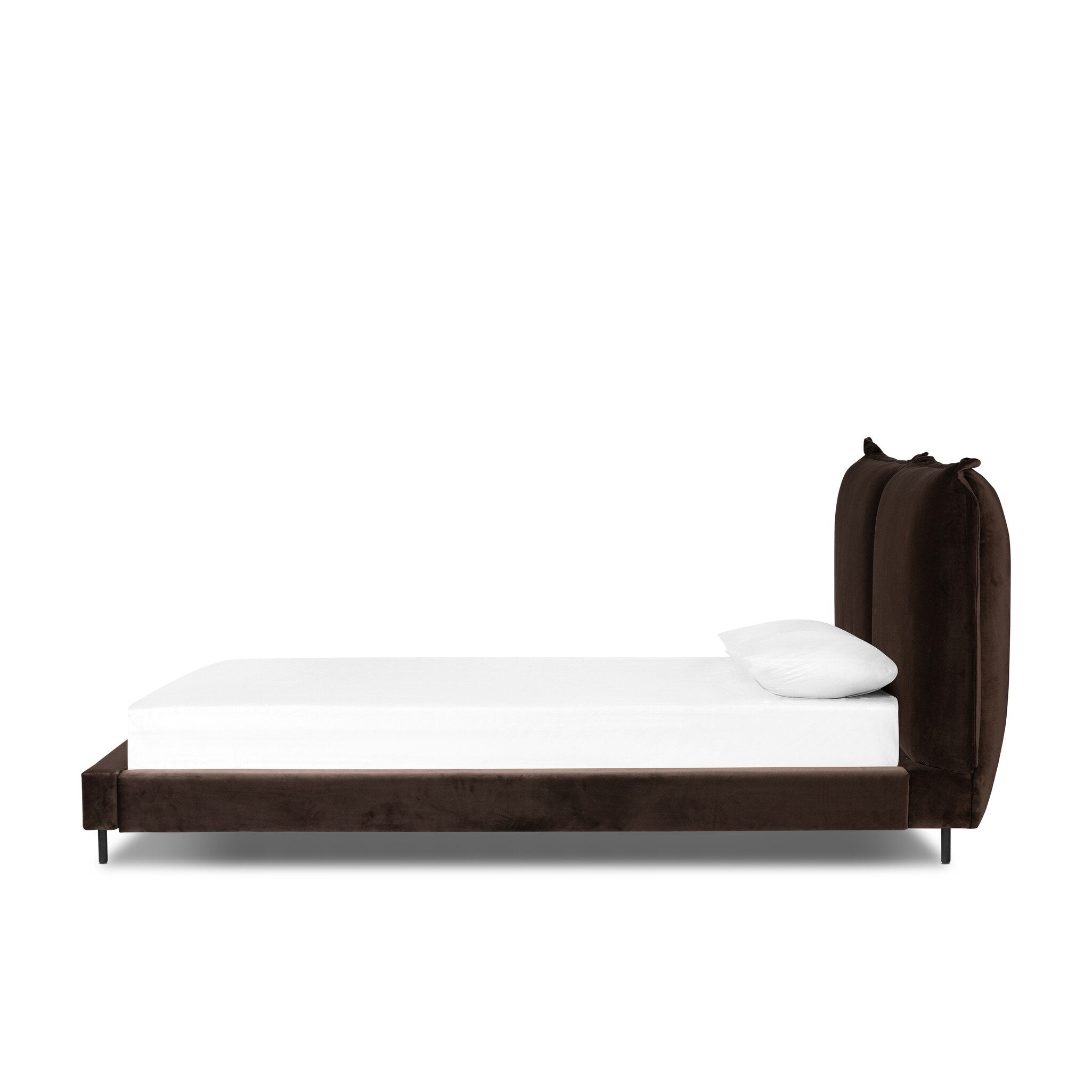 Brown bed frame with white mattress on a white background