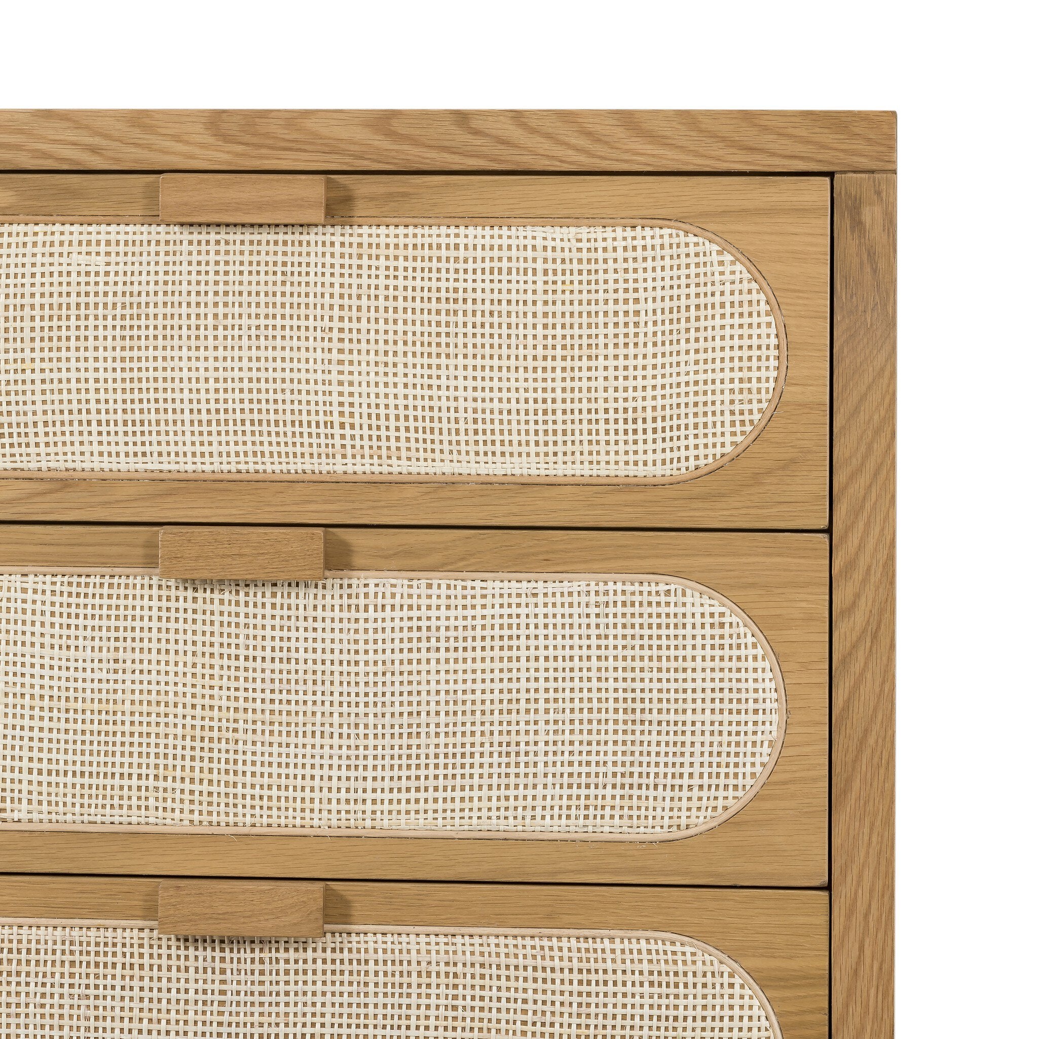 Honey oak veneer tall dresser with 5 drawers and cane inlay