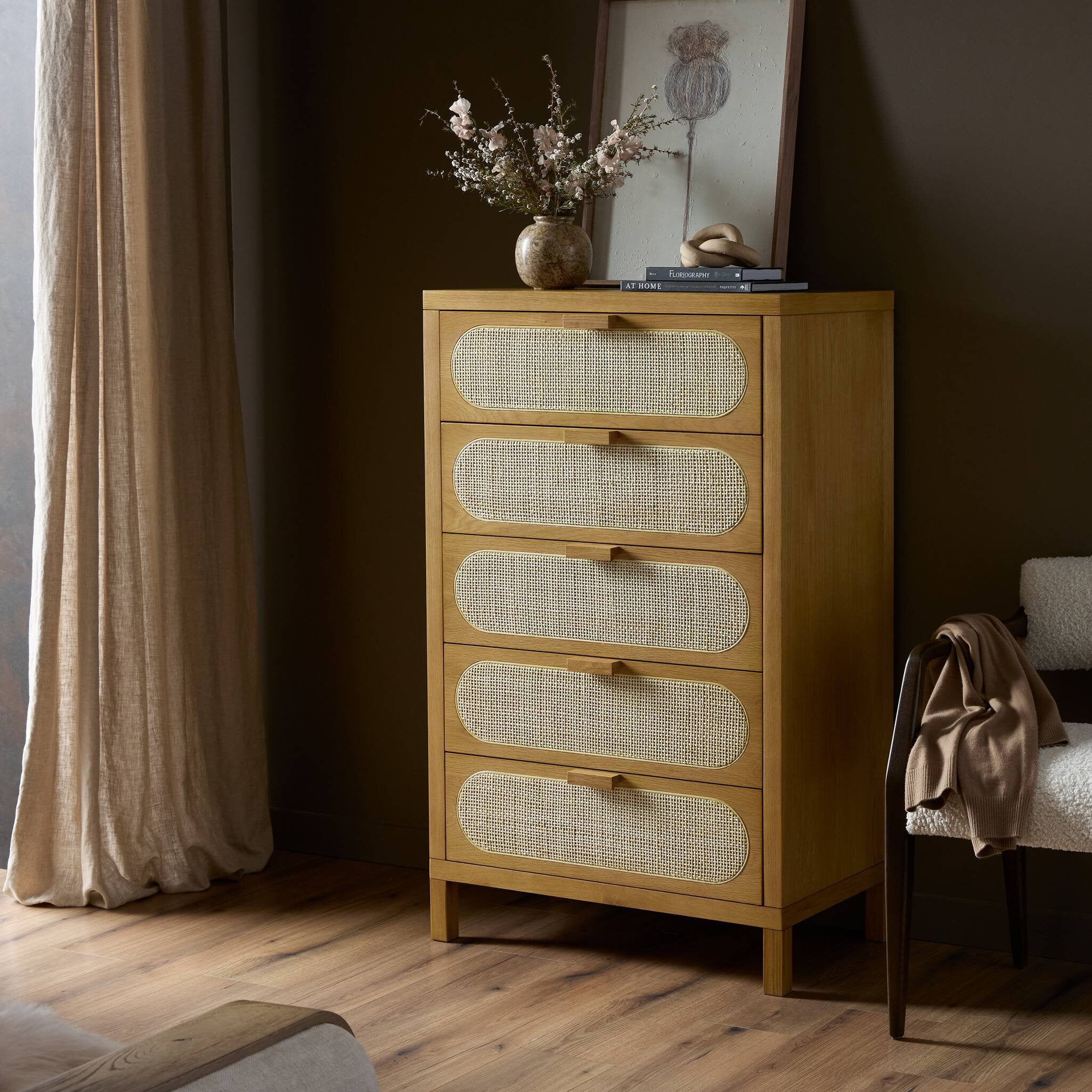 Honey oak tall dresser with 5 drawers and cane inlay in contemporary coastal style