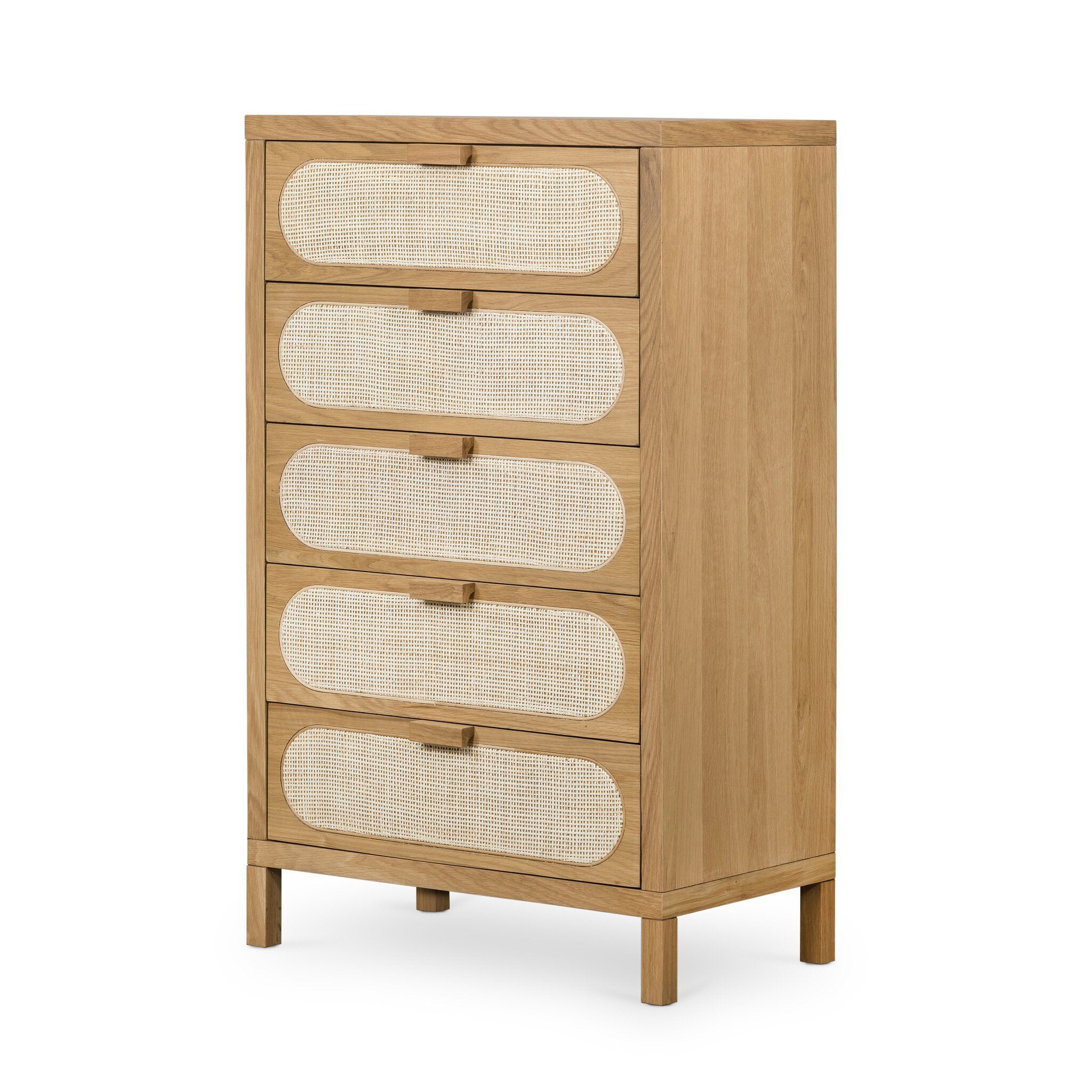 Honey oak veneer tall dresser with 5 drawers and cane inlay
