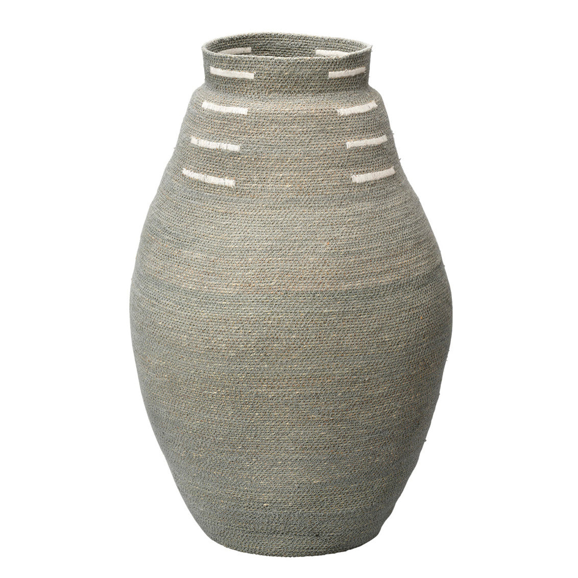 Textured woven basket with white accents on a white background