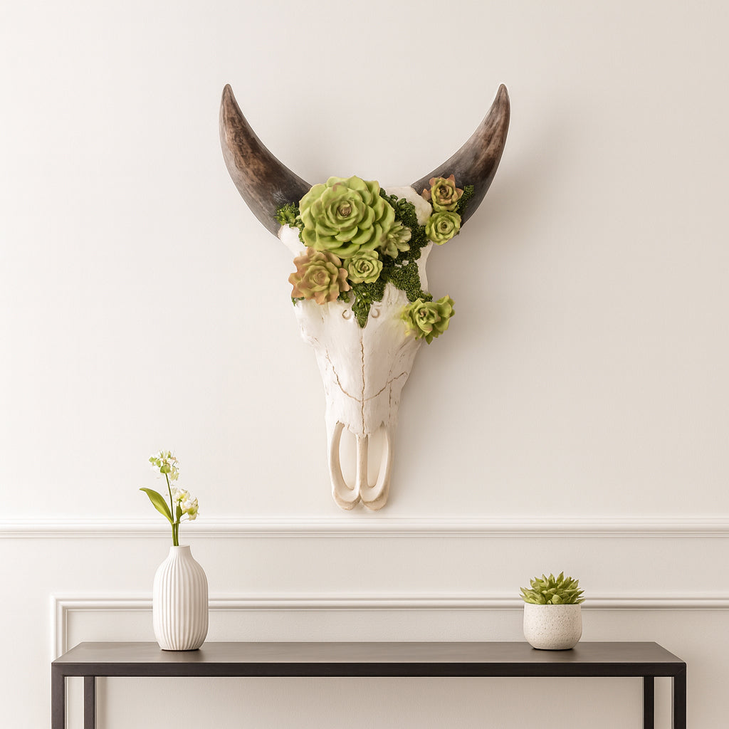 Decorative wall-mounted bull head with floral arrangement above a table with plants.