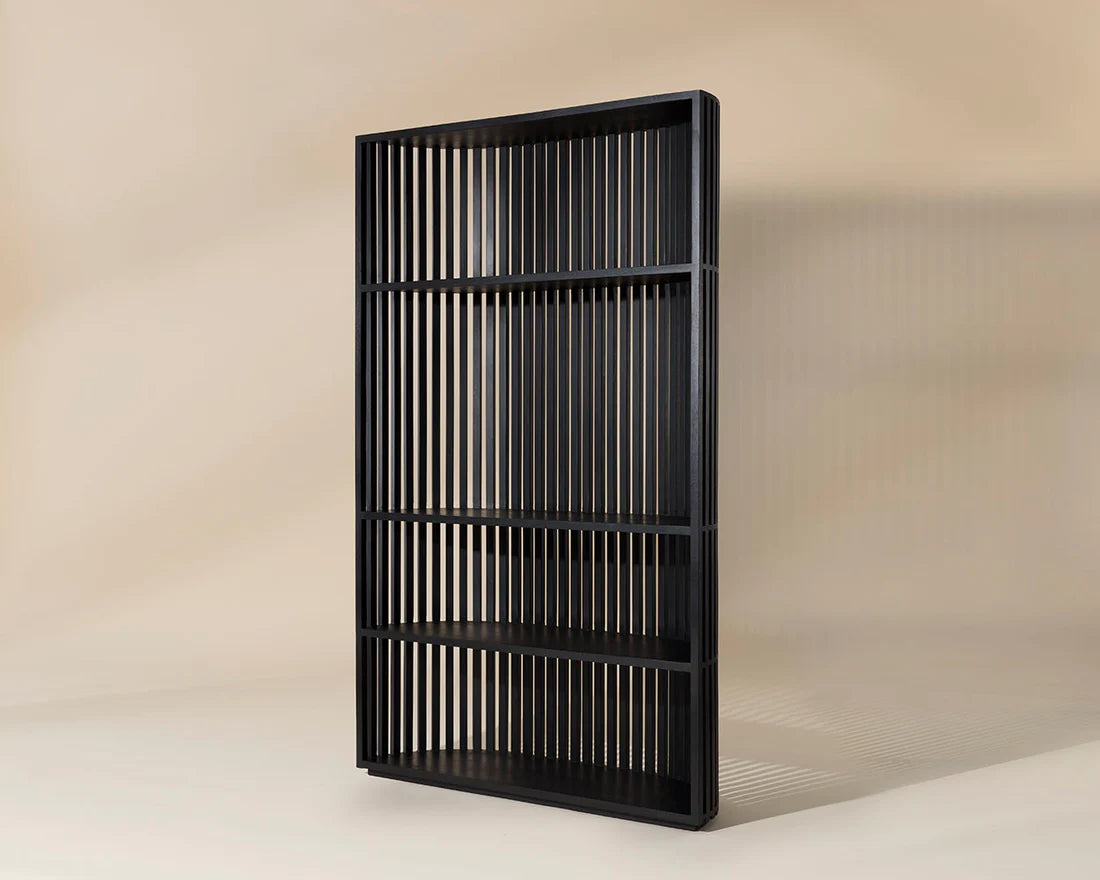 Black metal screen with vertical slats on a beige background