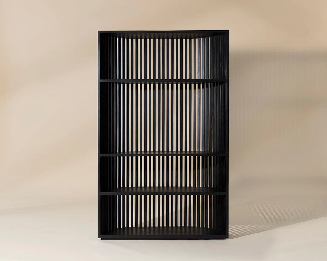 Black metal shelf with vertical slats on a beige background