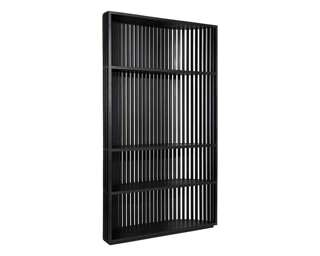 Black metal wall shelf with vertical slats on a white background