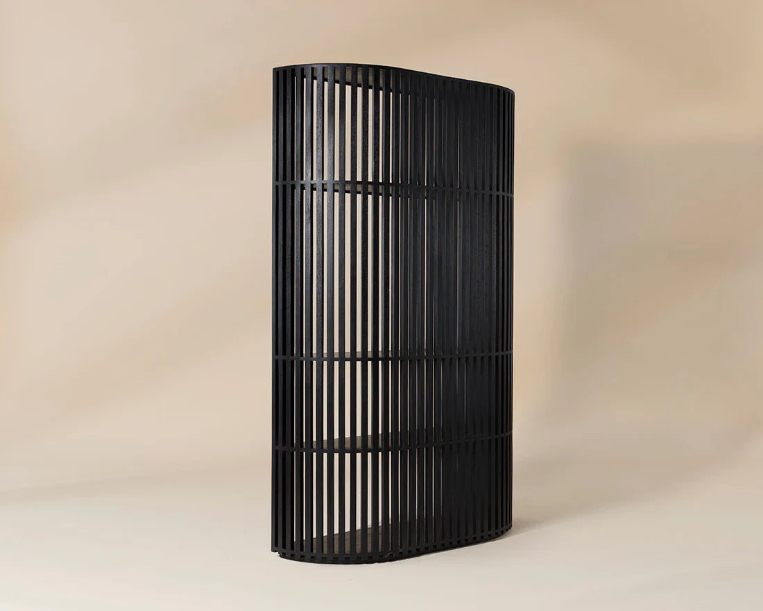 Black cylindrical metal screen on a beige background