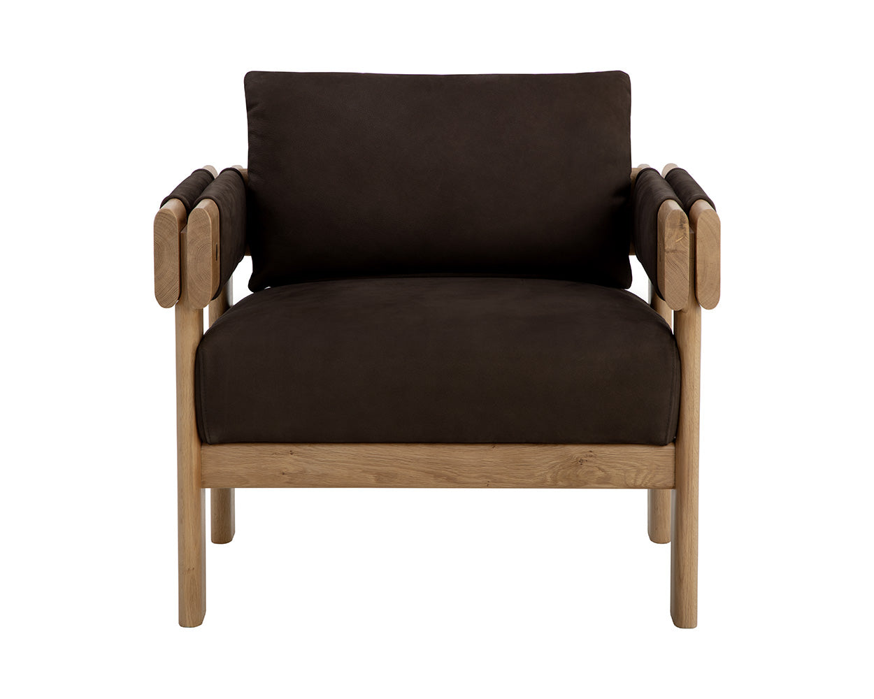 Brown armchair with wooden frame on a white background