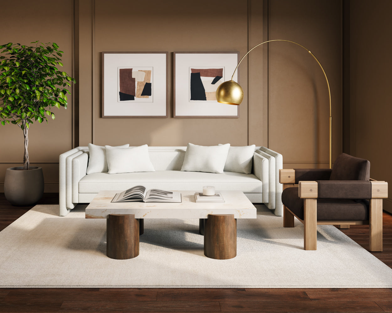 Modern living room with a white sofa, wooden coffee table, and decorative elements.