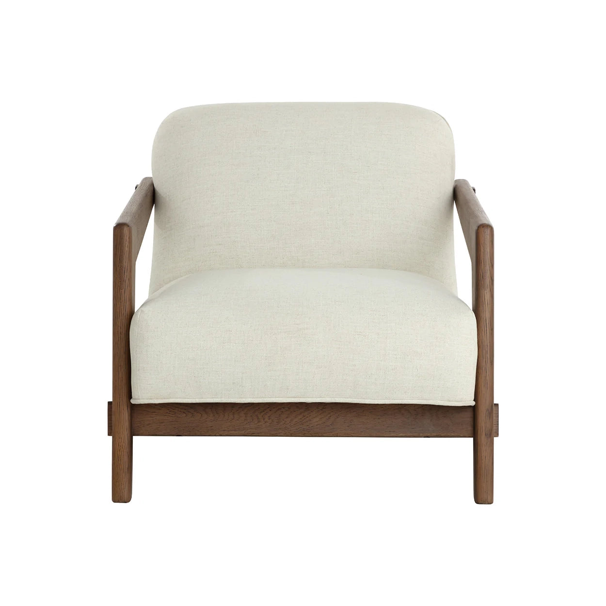 A modern armchair with a light beige textured fabric cushion and a medium brown wooden frame, shown from a front-facing perspective on a solid white background.