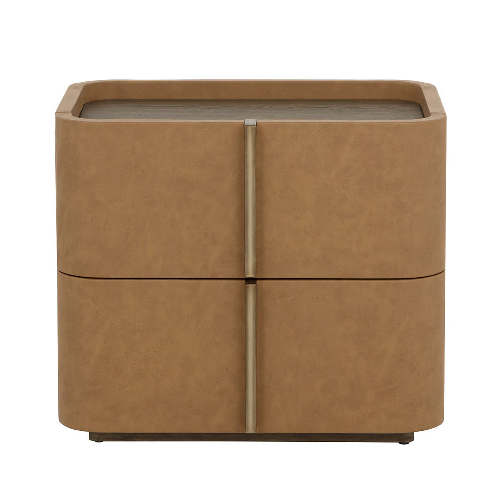 Brown leather nightstand with two drawers on a white background
