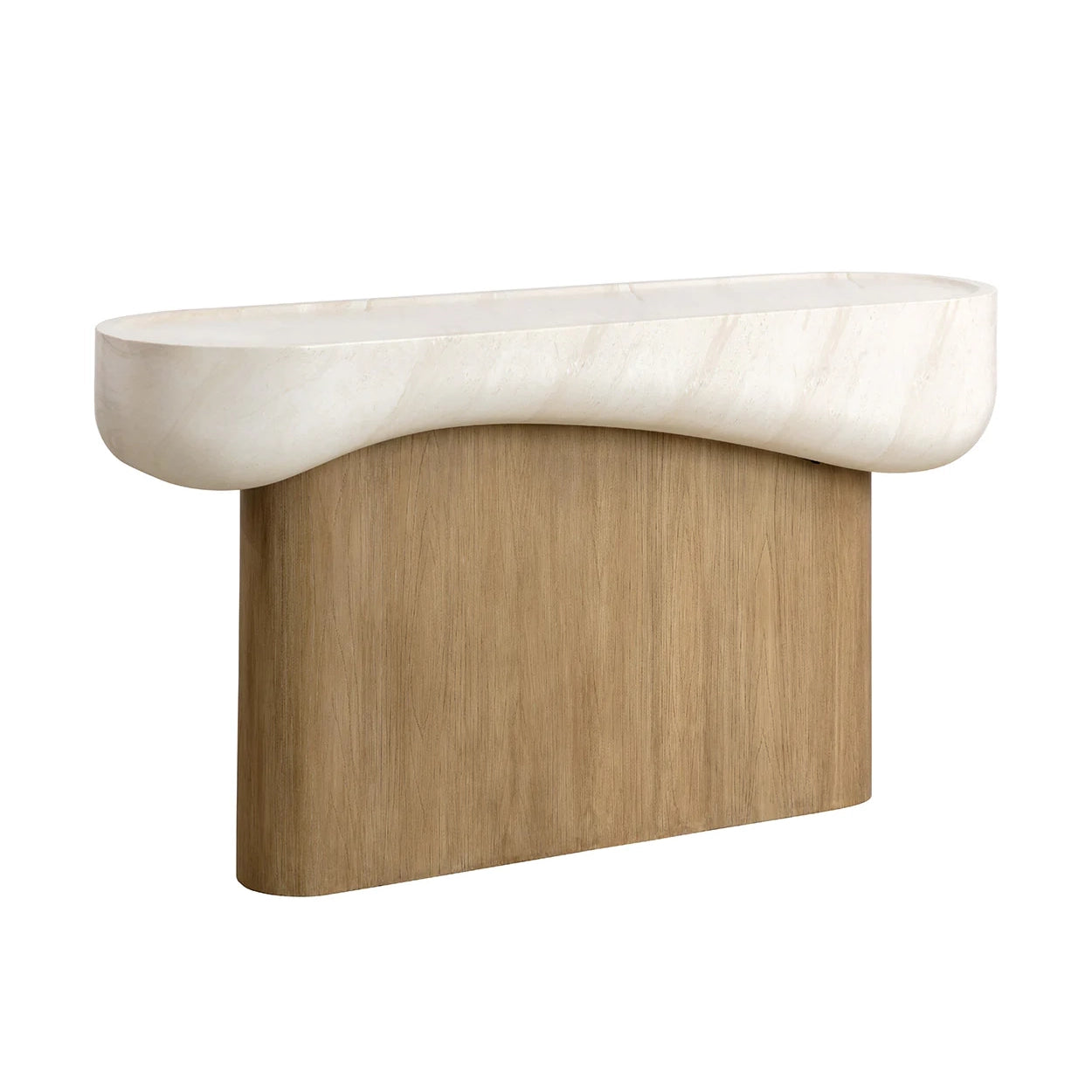 A modern console table featuring a curved, hand-honed white stone top with subtle gray veining and a substantial, rectangular light brown wood base, shown against a solid white background.