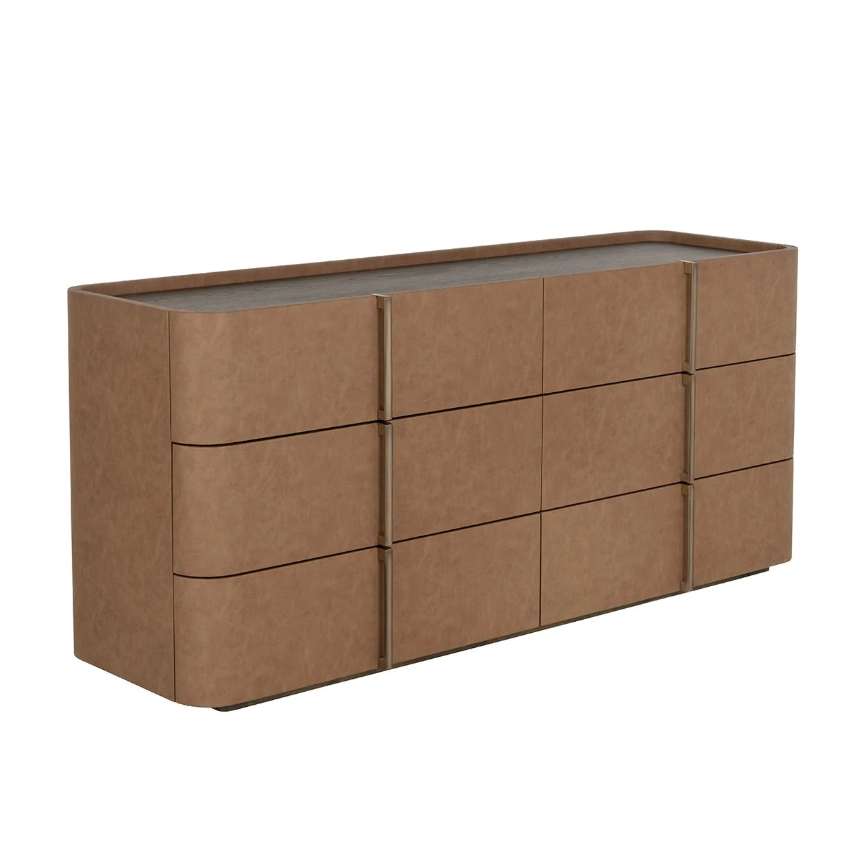 Brown 6-drawer dresser in a faux leather finish with slim gold handles on a white background.