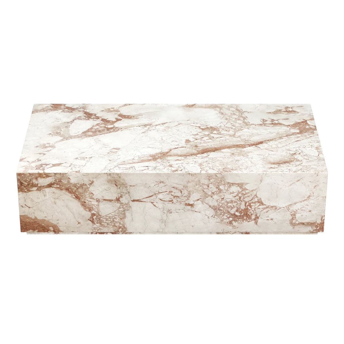 A rectangular marble coffee table with a white and beige marble pattern and rose gold-brown veining, shown on a plain white background.