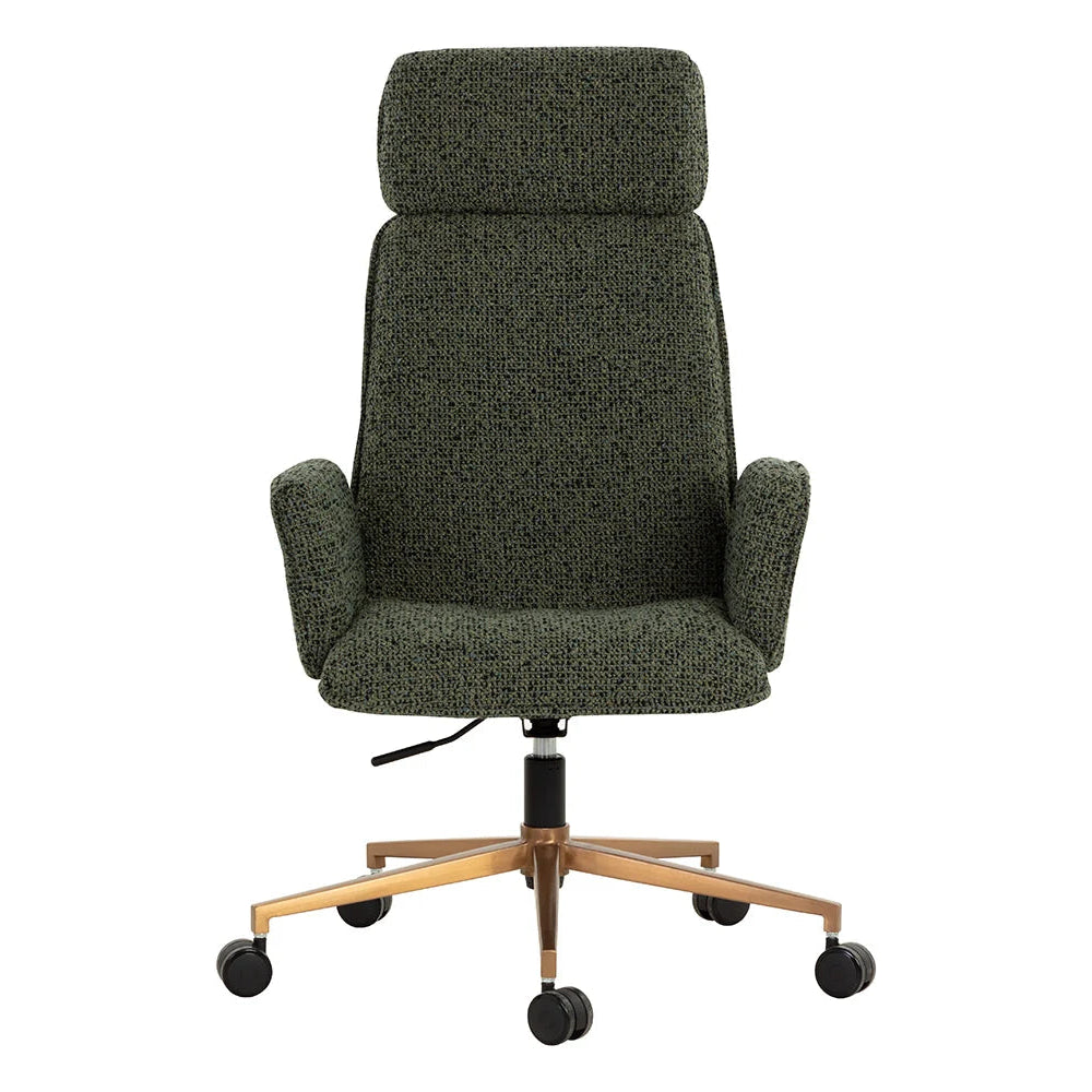 Green office chair with bronze base on a white background