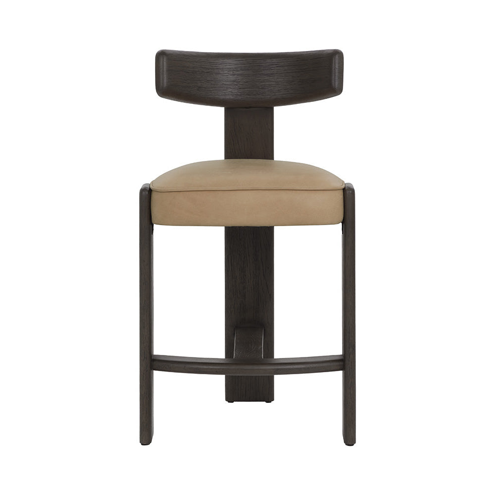 Bar stool with beige cushioned seat and dark wooden frame on a white background
