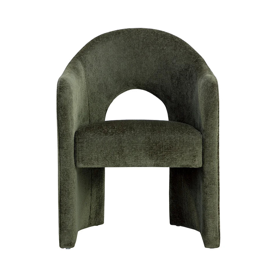 A modern upholstered accent chair in a textured dark olive green fabric, featuring a curved backrest and integrated seat, shown against a plain white background.