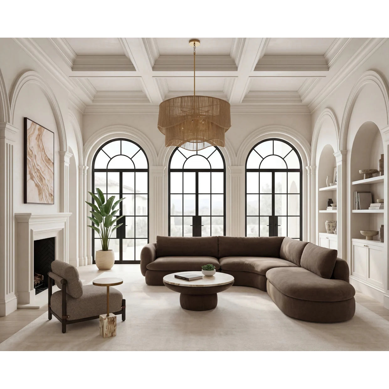 A modern curved sectional sofa in dark brown upholstery, styled in a bright, elegant living room with white arched walls, three tall arched windows, a matching armchair, a round coffee table, and a large woven chandelier.