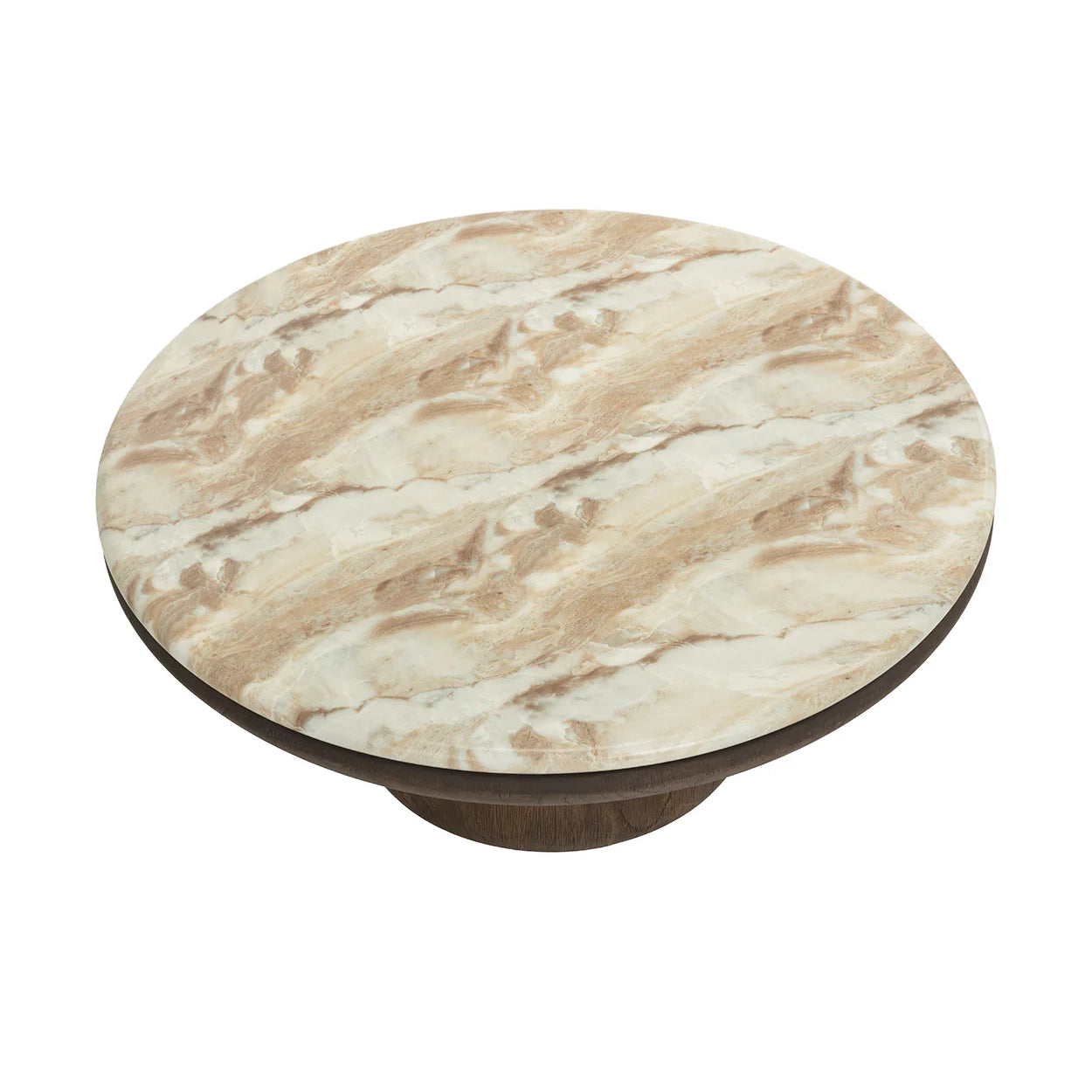 Round marble-patterned tabletop with a light beige and cream veined design and a dark brown pedestal base, shown on a plain white background.