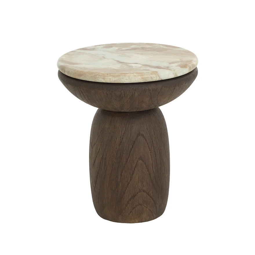 A modern pedestal end tablel featuring a dark brown wood base and a round, light beige marble-like top, shown against a plain white background.