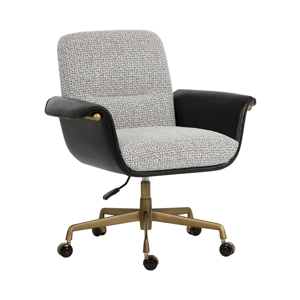 Gray office chair with black armrests and gold base on a white background