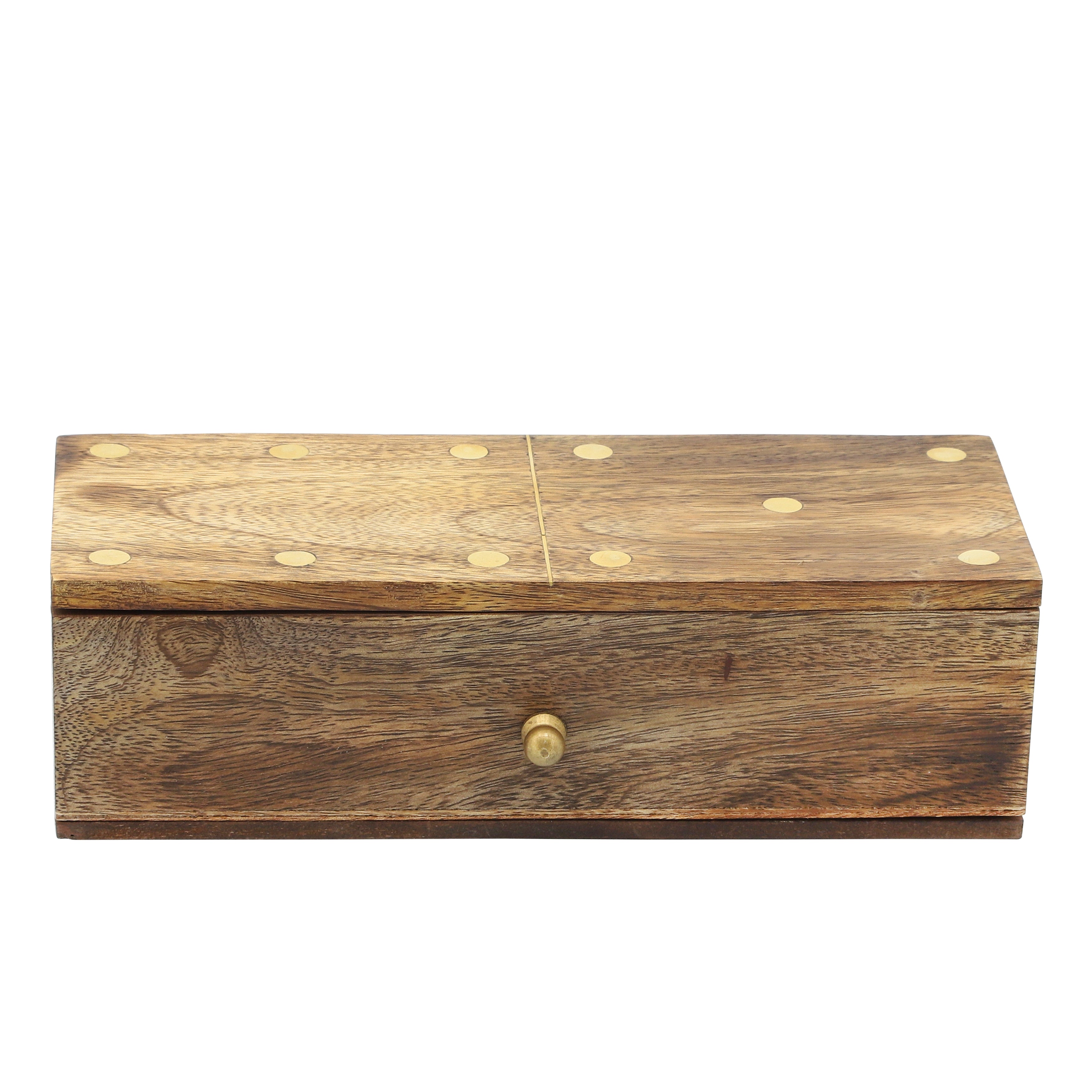 Wooden box with a brass knob on a white background