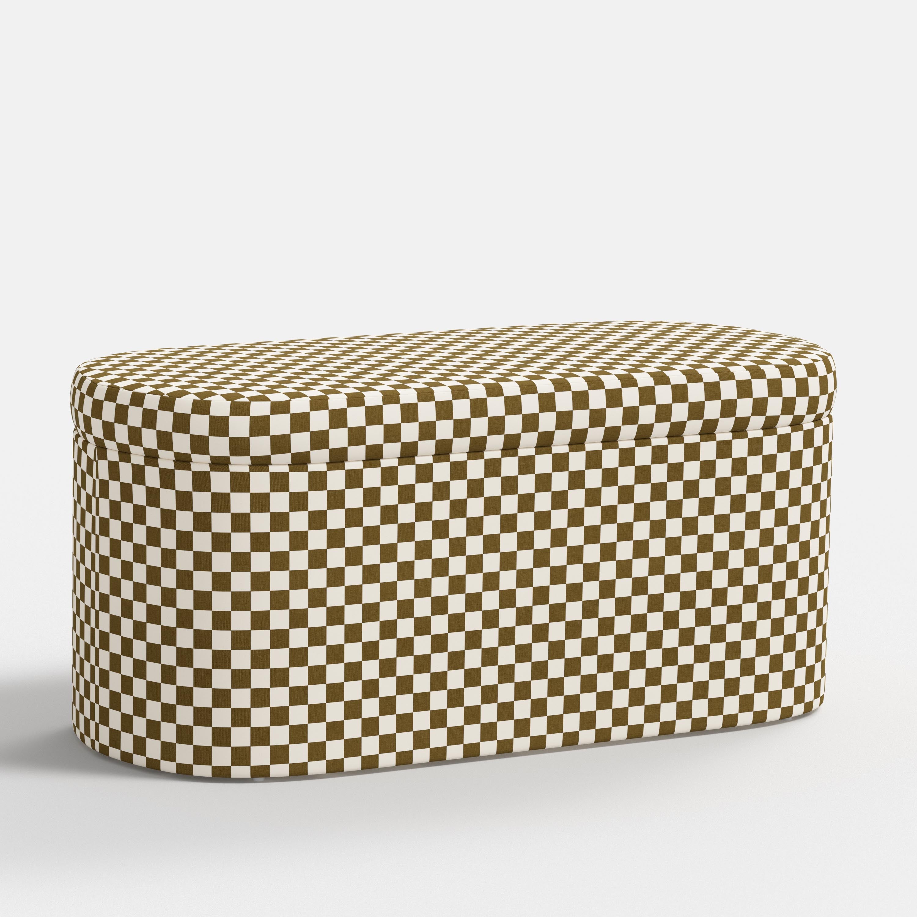 Checkered storage bin with brown and white pattern on a white background