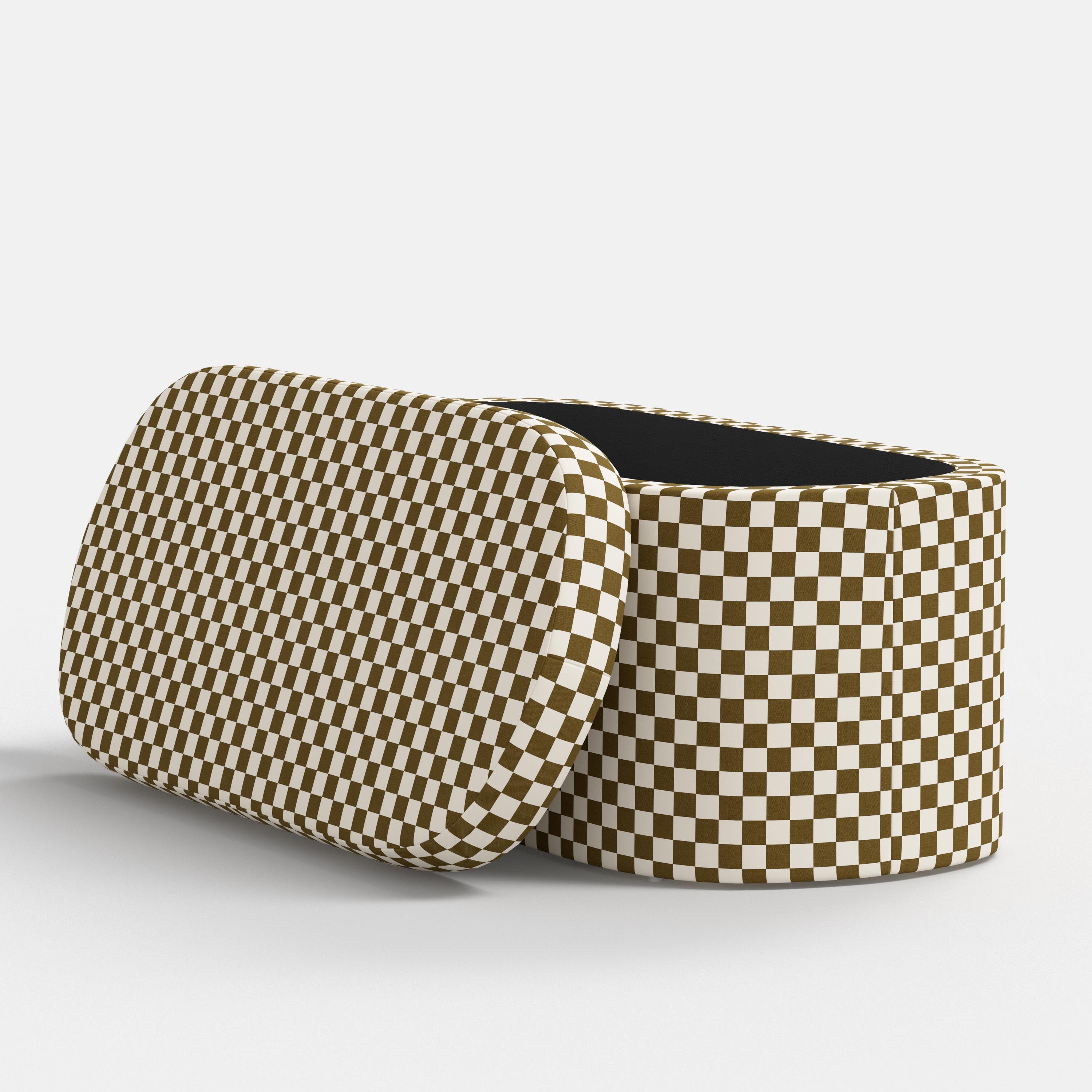 Checkered storage bin with brown and white pattern on a white background