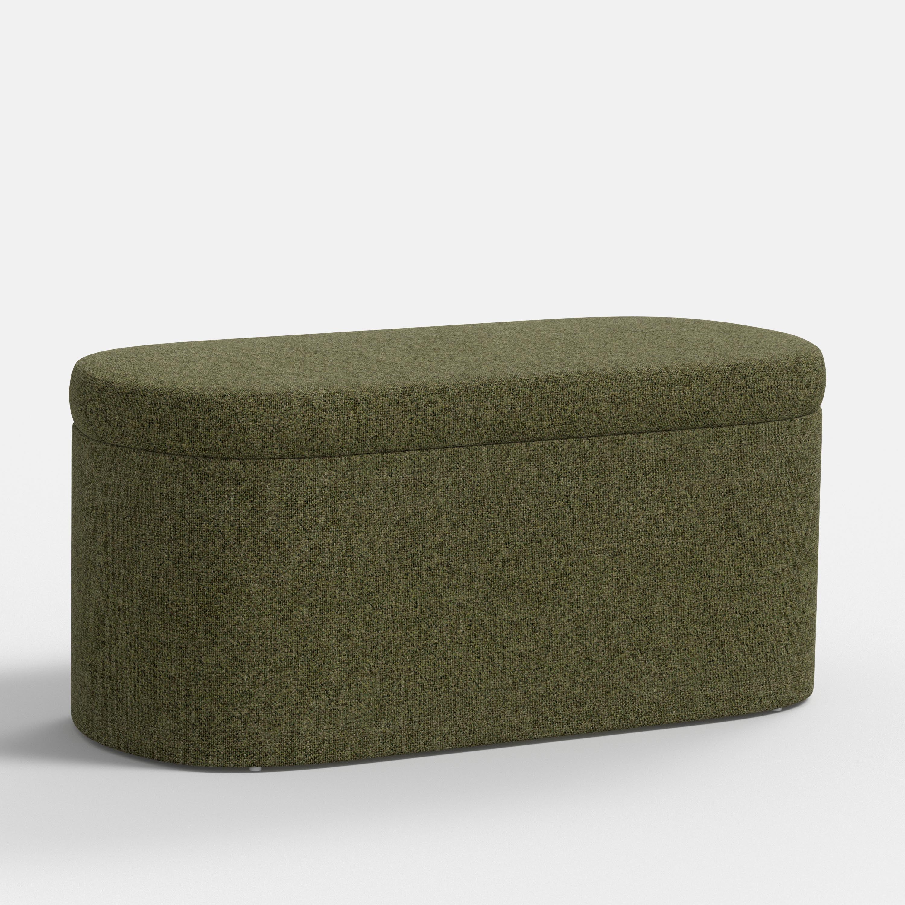 Green upholstered storage bench on a white background