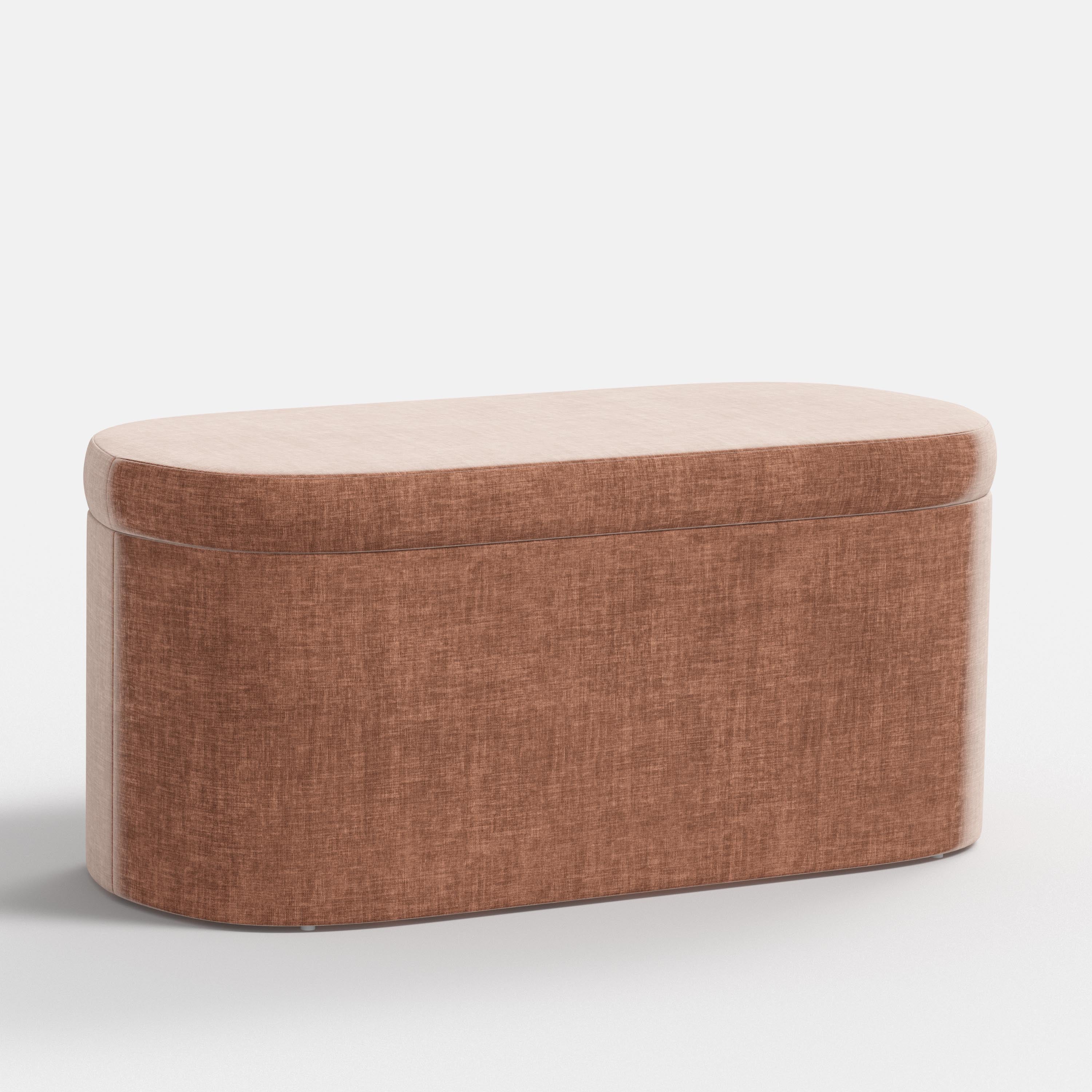 Red fabric storage bench with beige cushion on a white background