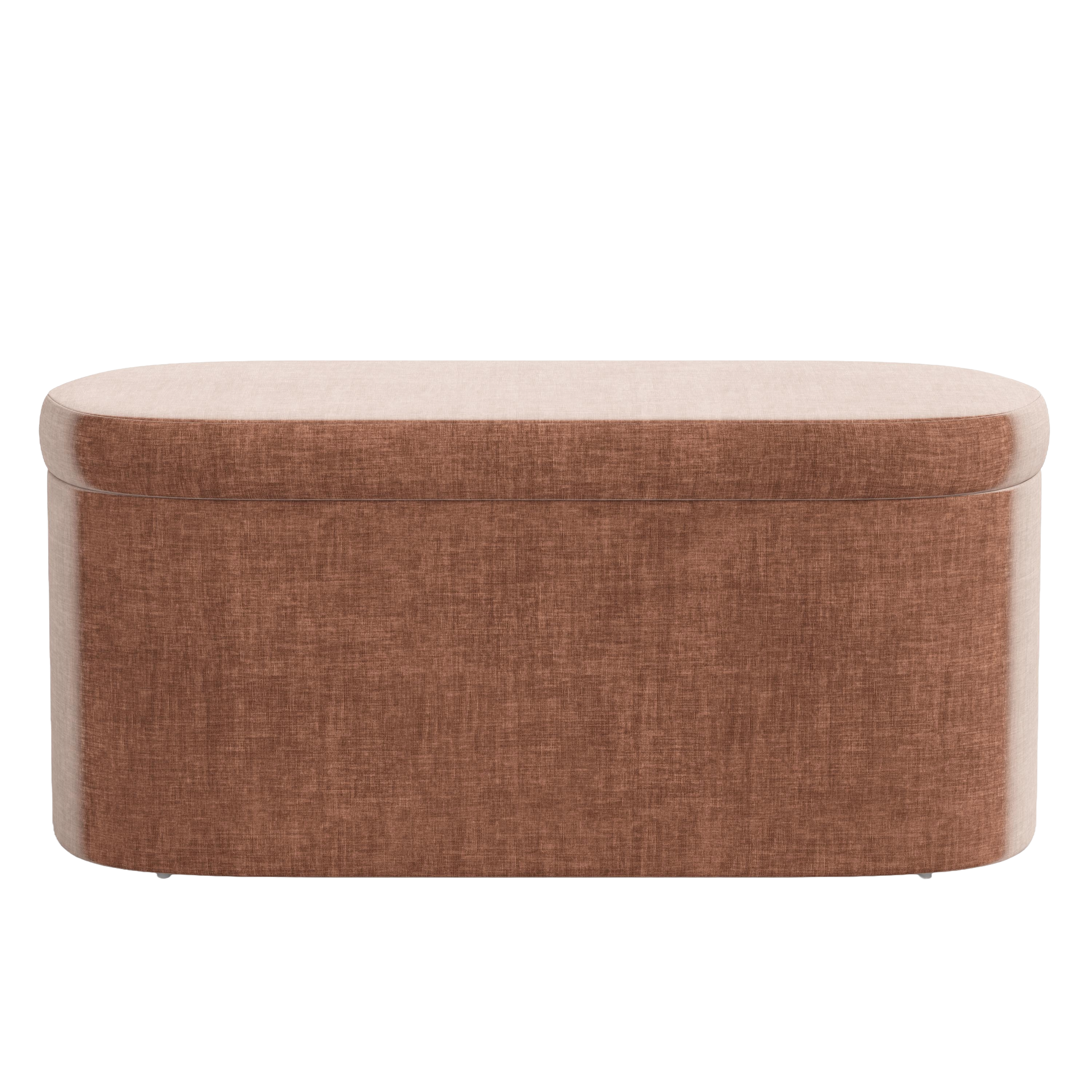 Red fabric storage bench with beige cushion on a white background