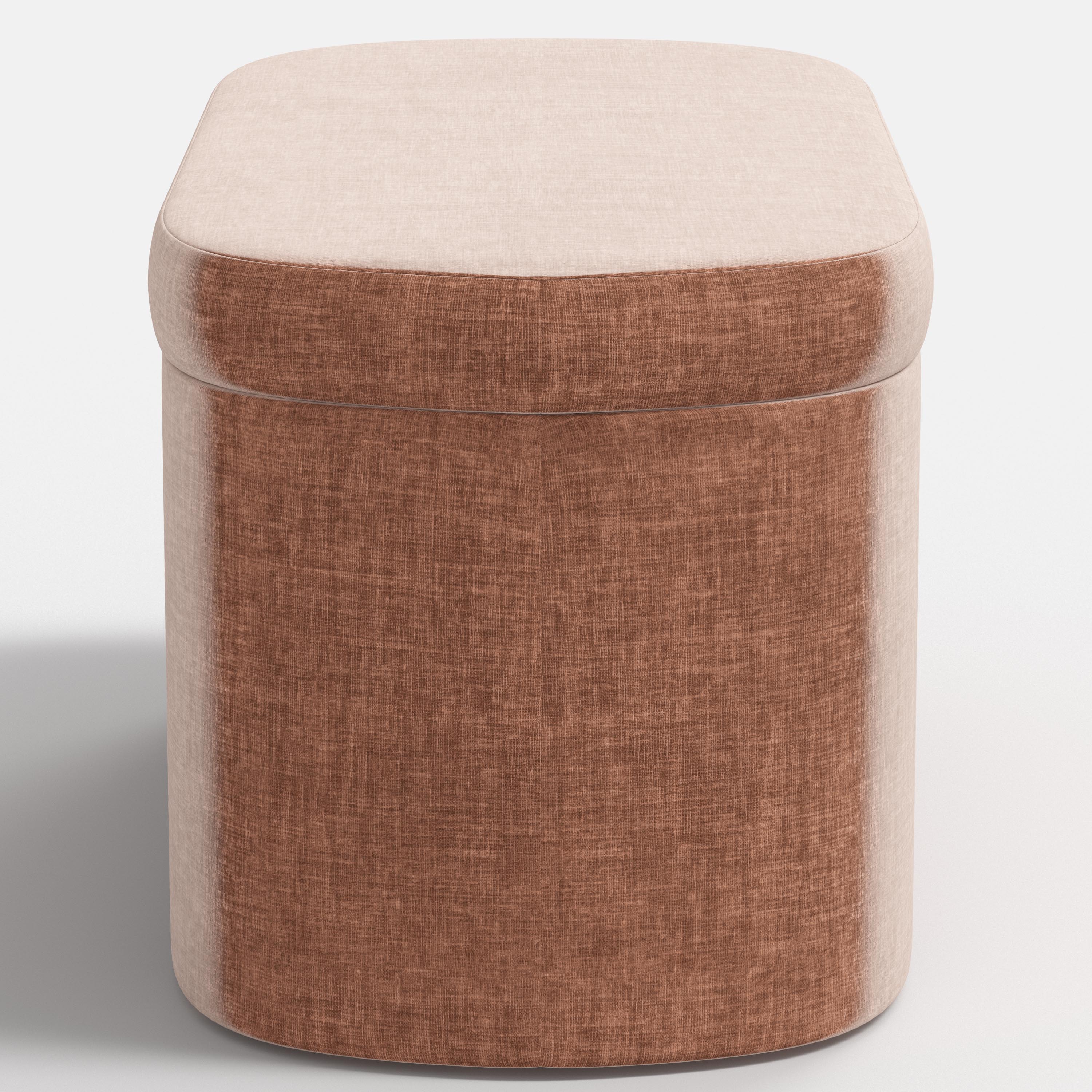 Red fabric storage bench with beige cushion on a white background