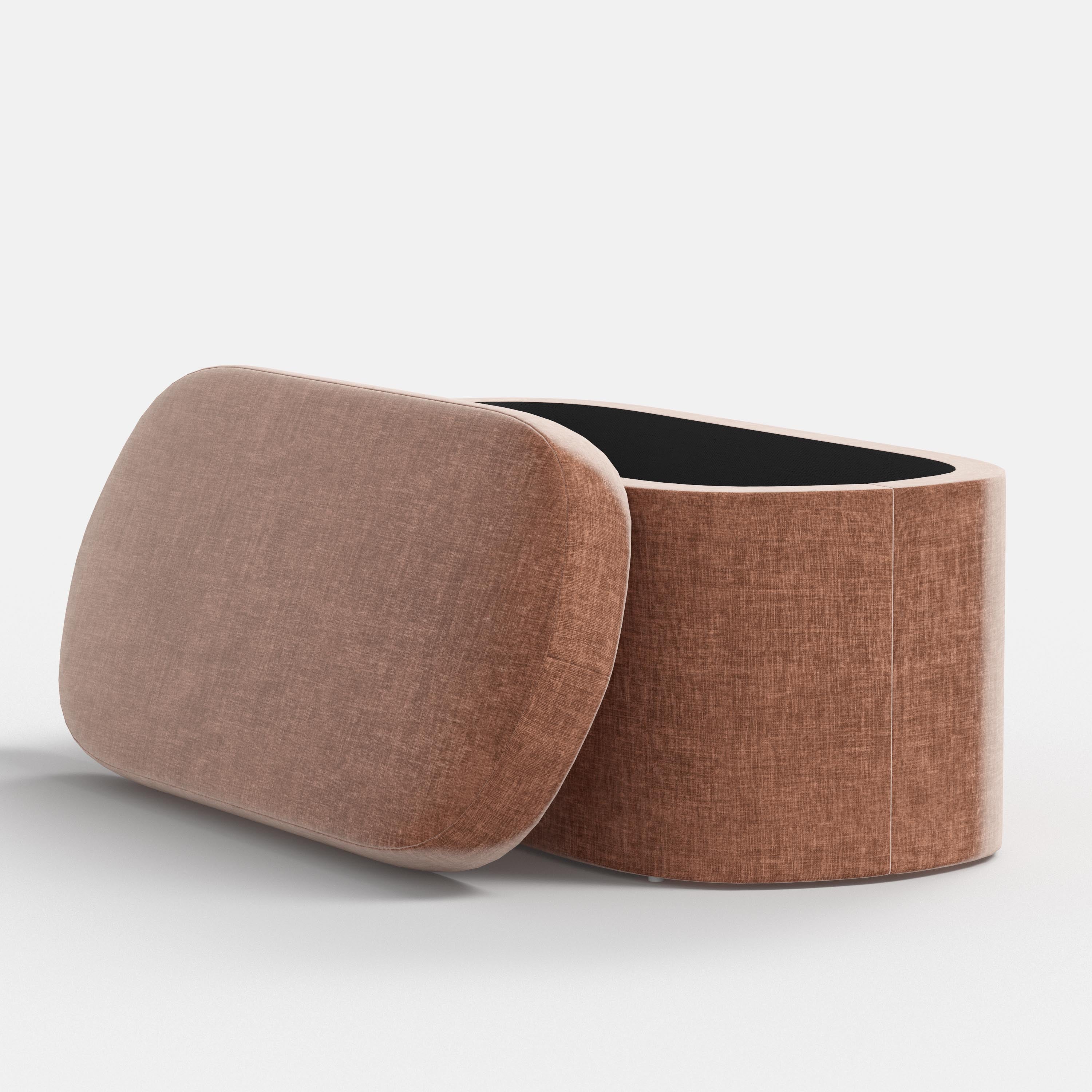 Red fabric storage bench with beige cushion on a white background