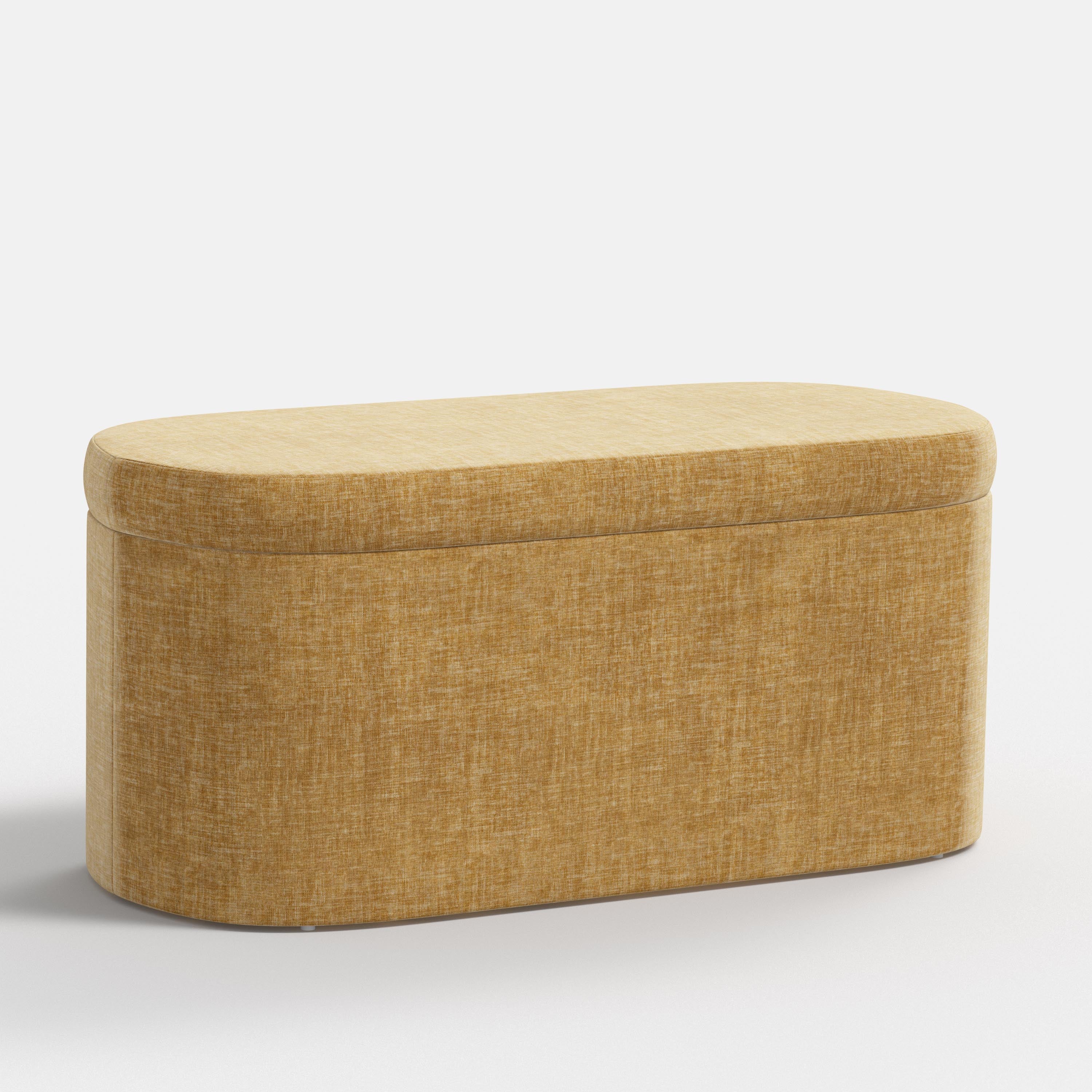 Yellow fabric storage bench with a beige cushion on a white background