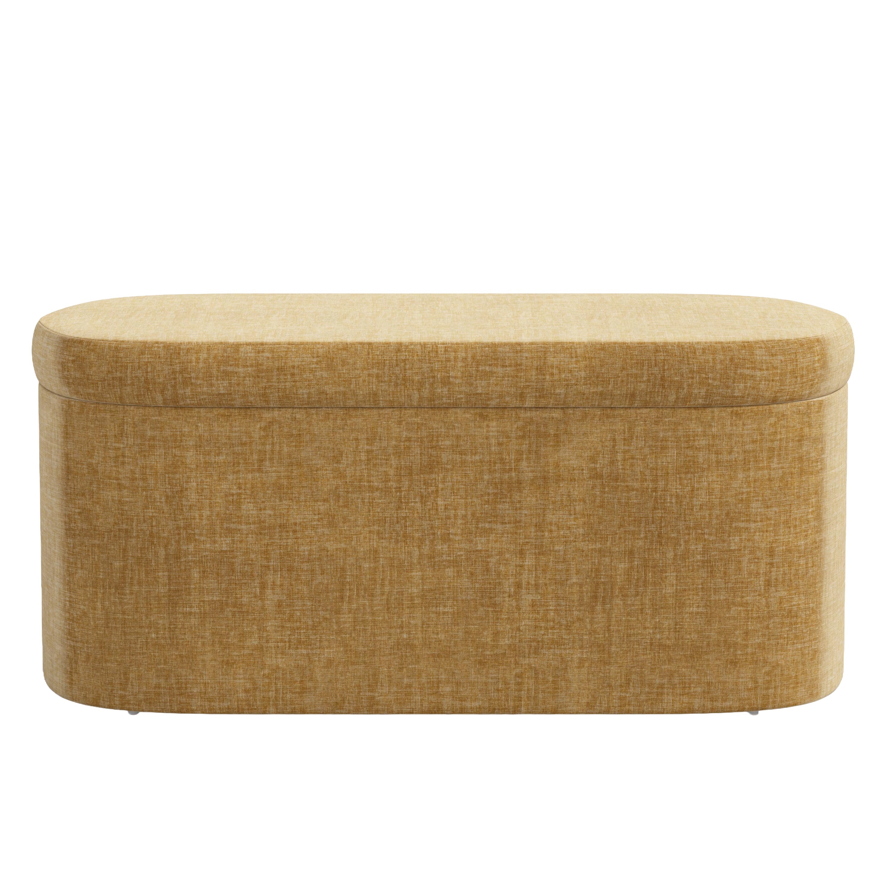 Yellow fabric storage bench with a beige cushion on a white background