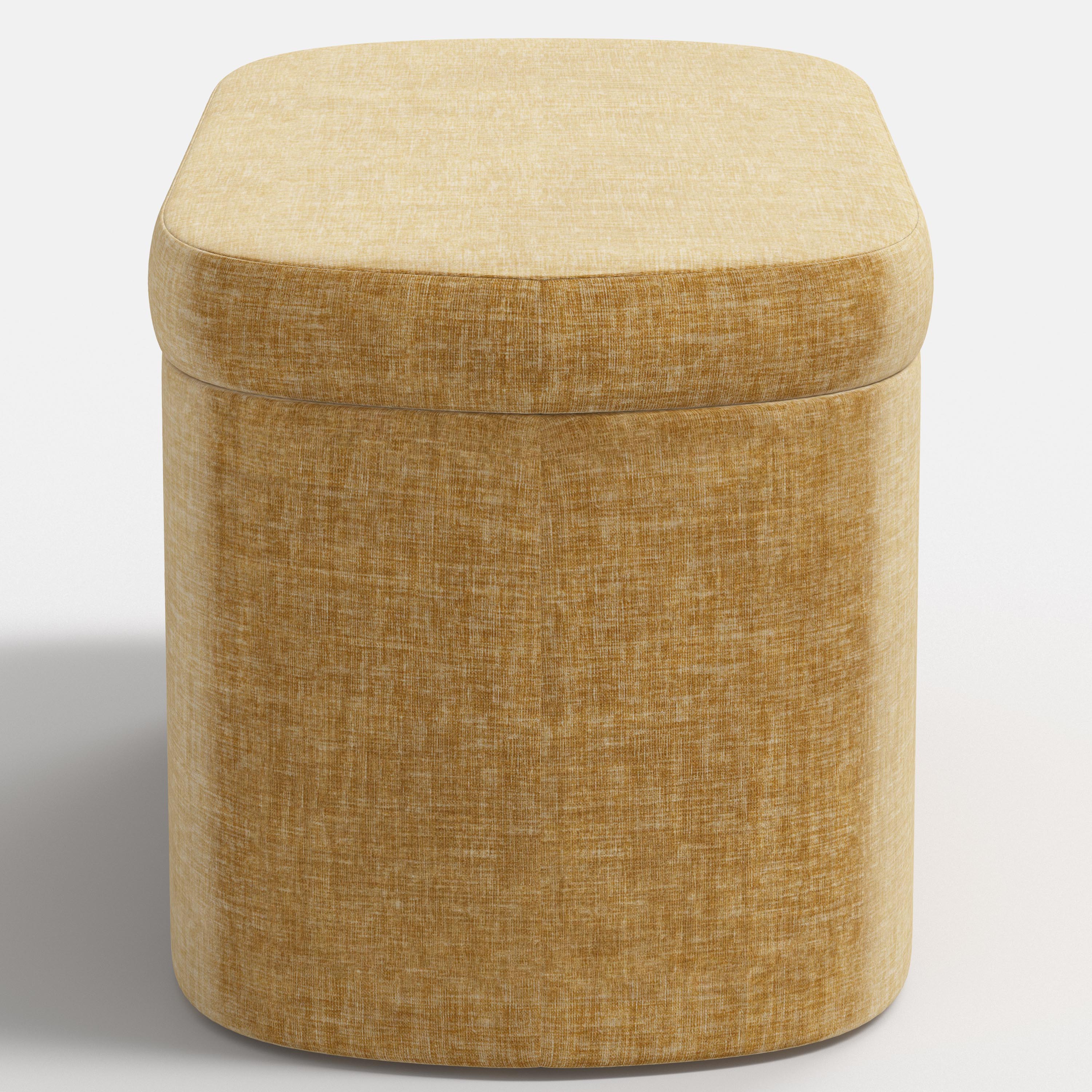 Yellow fabric storage bench with a beige cushion on a white background