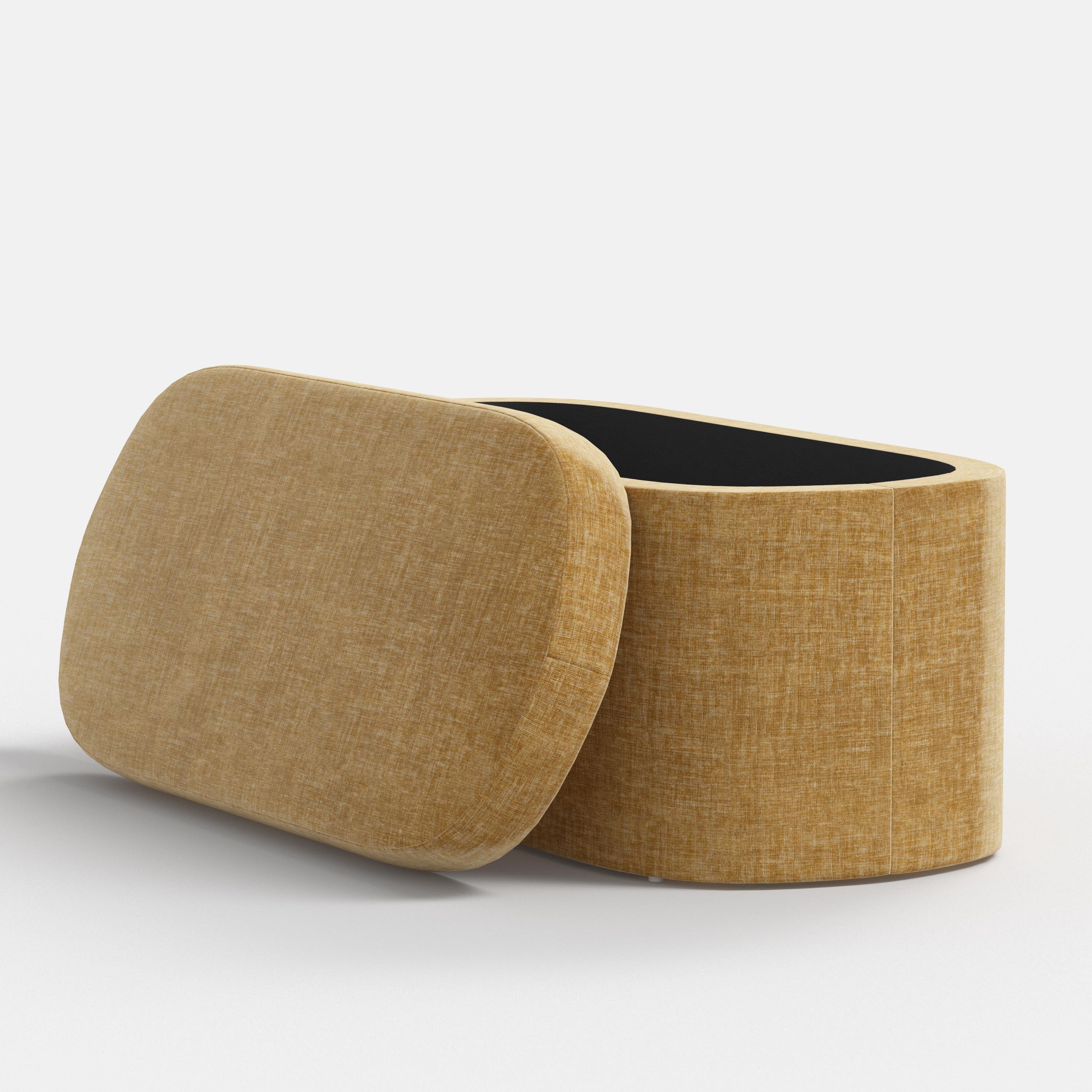 Yellow fabric storage bench with a beige cushion on a white background