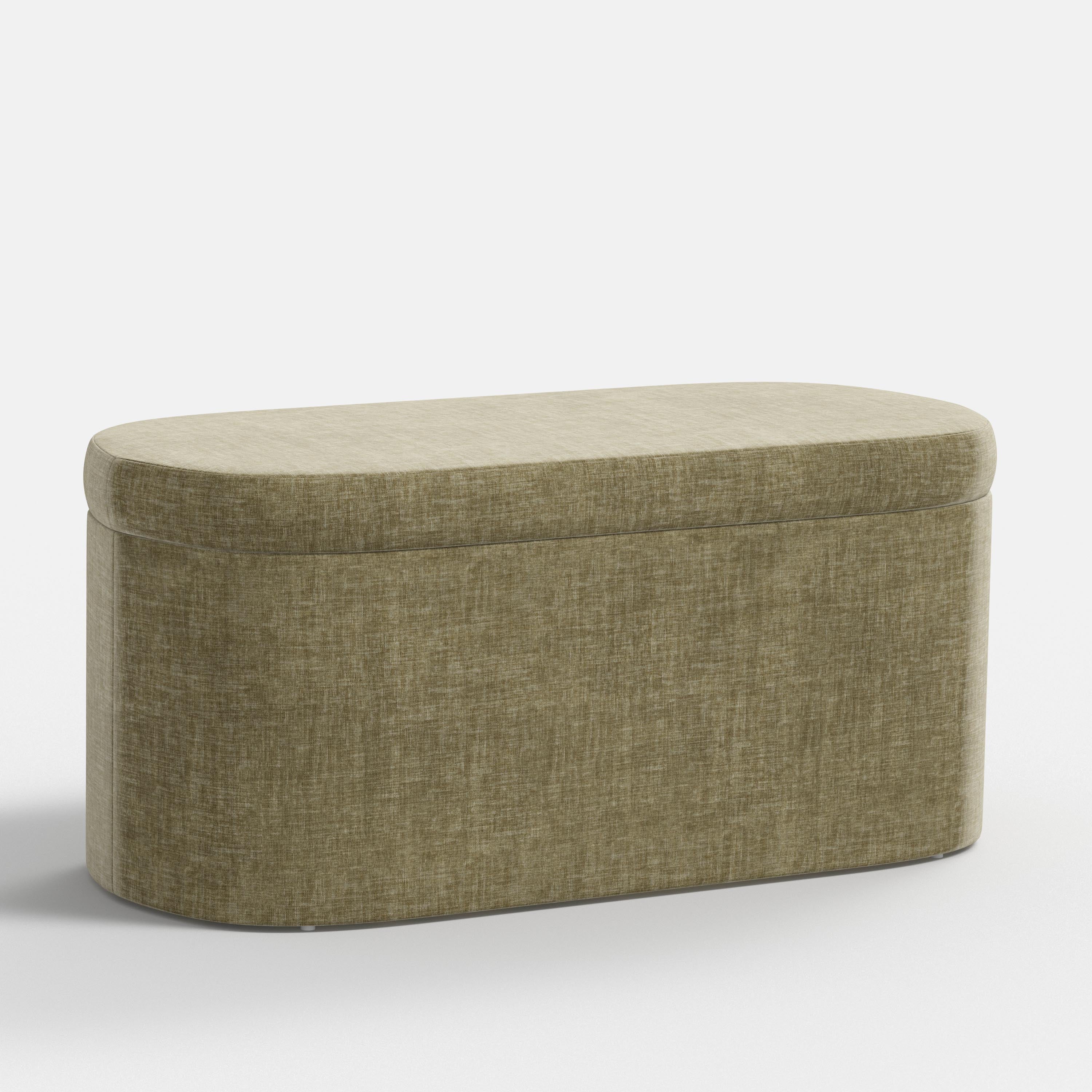 Textured storage bench with a beige top on a white background