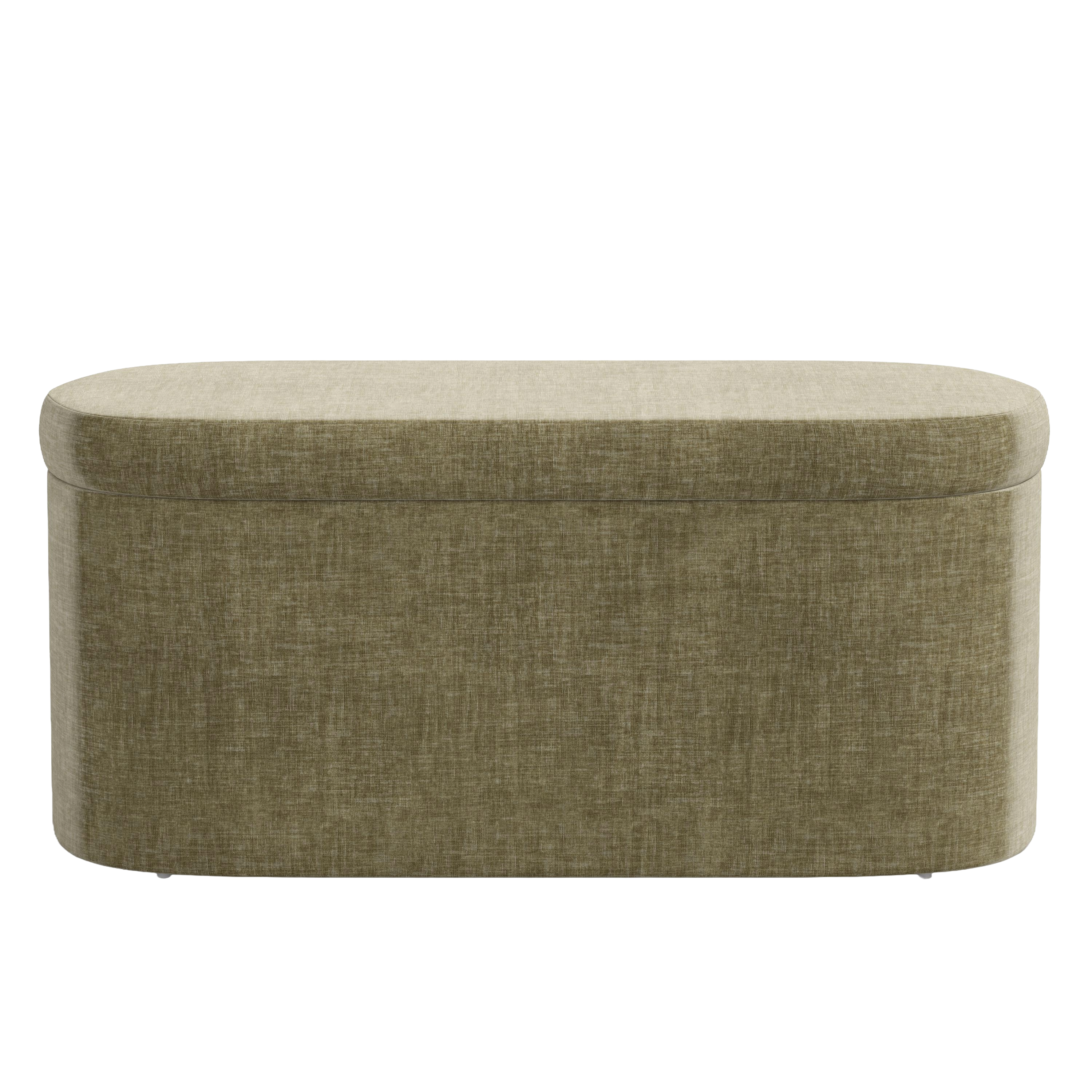 Textured storage bench with a beige top on a white background