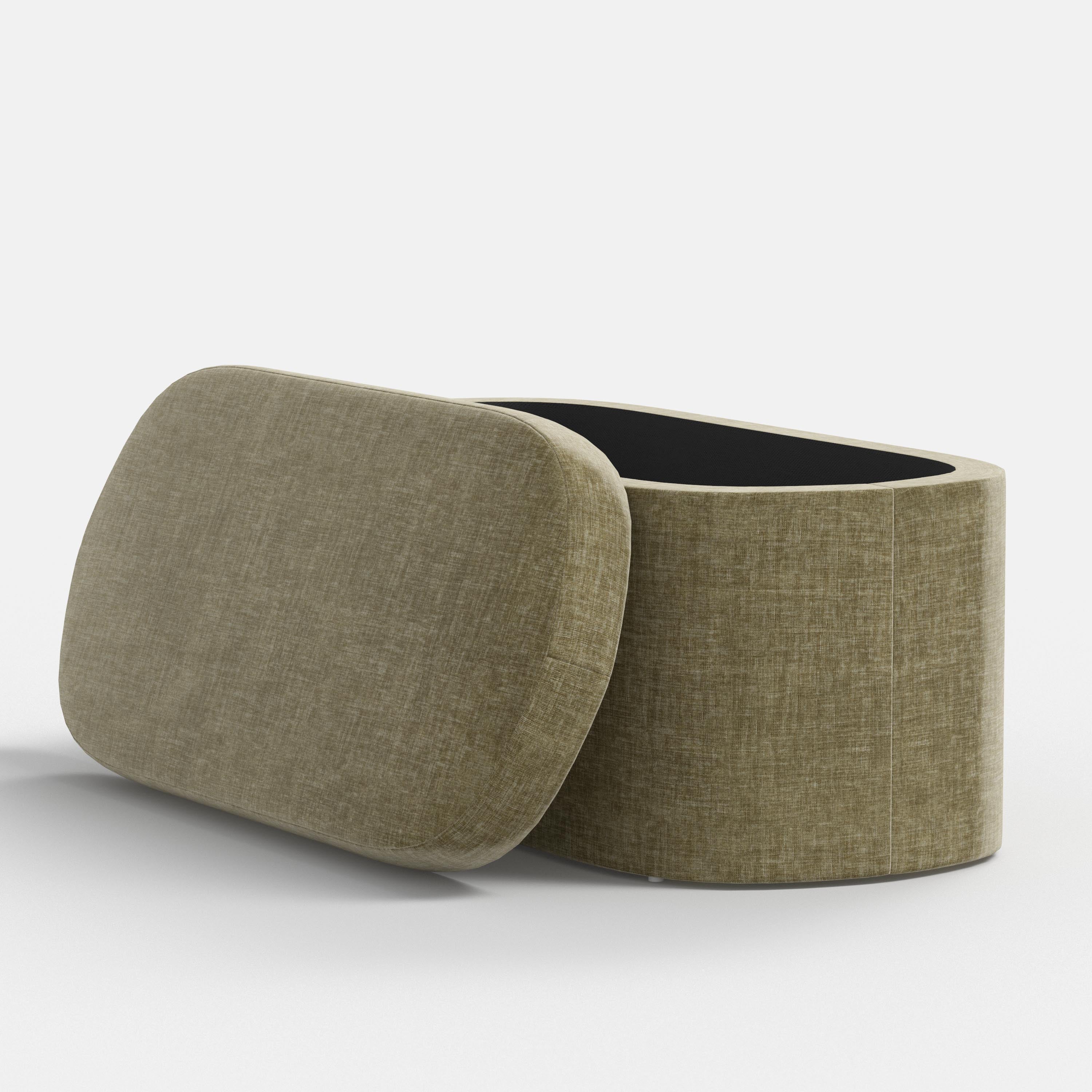 Textured storage bench with a beige top on a white background