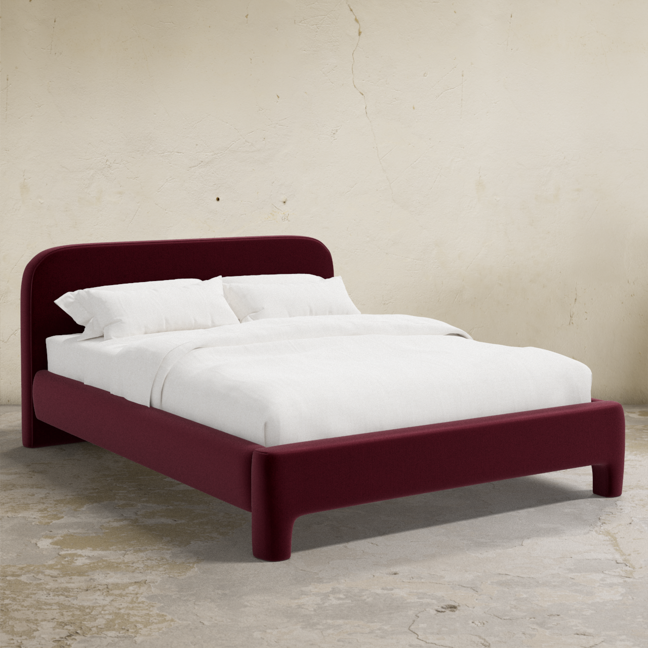 Maroon bed frame with white bedding against a beige wall.