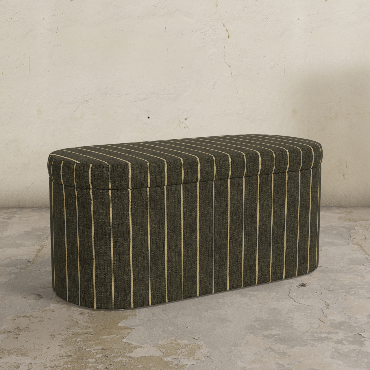 Striped storage bin on a concrete floor with a textured wall background