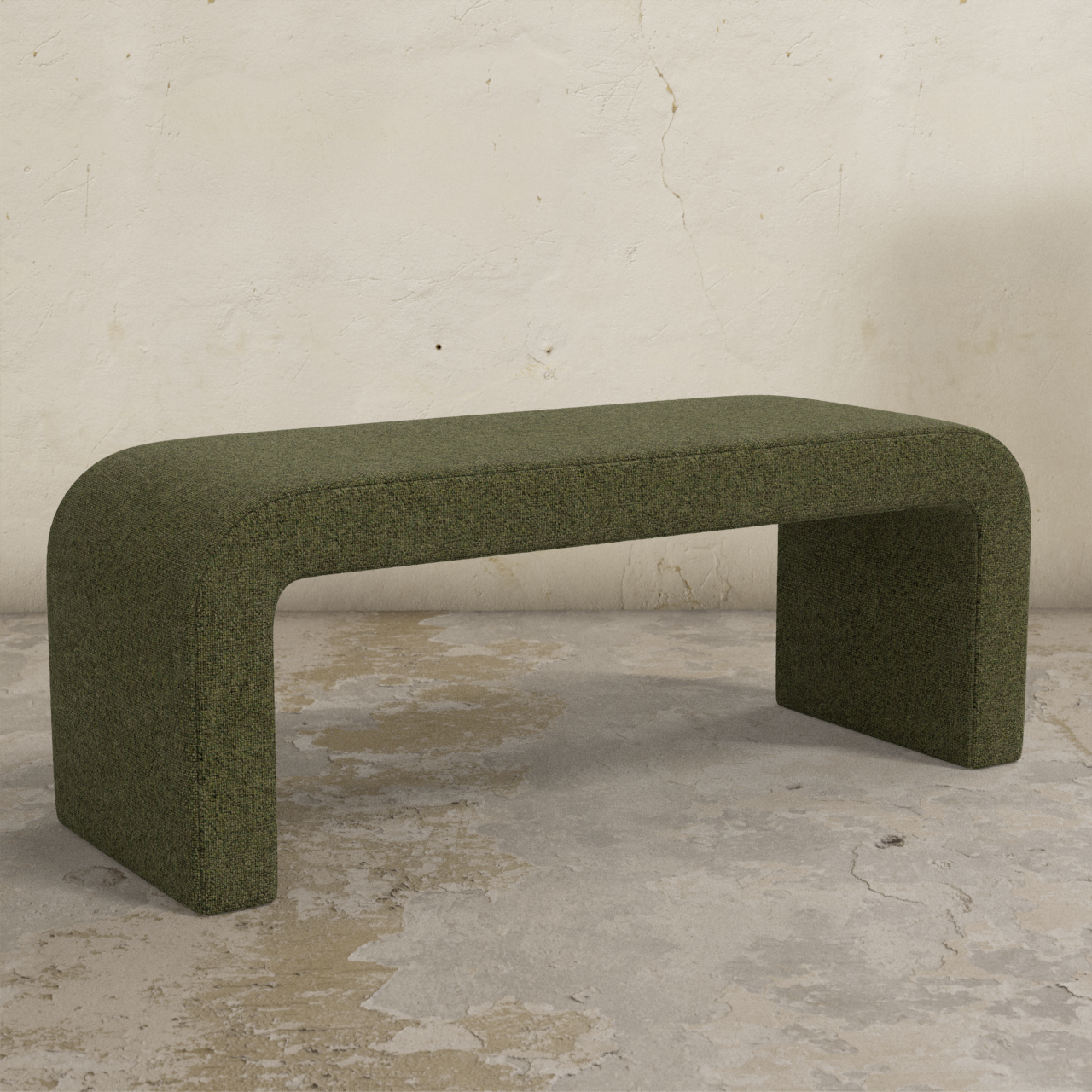 Green textured bench against a plain wall.