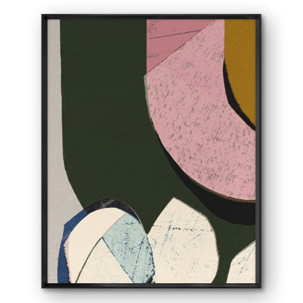 Framed abstract art print with geometric shapes on a dark background