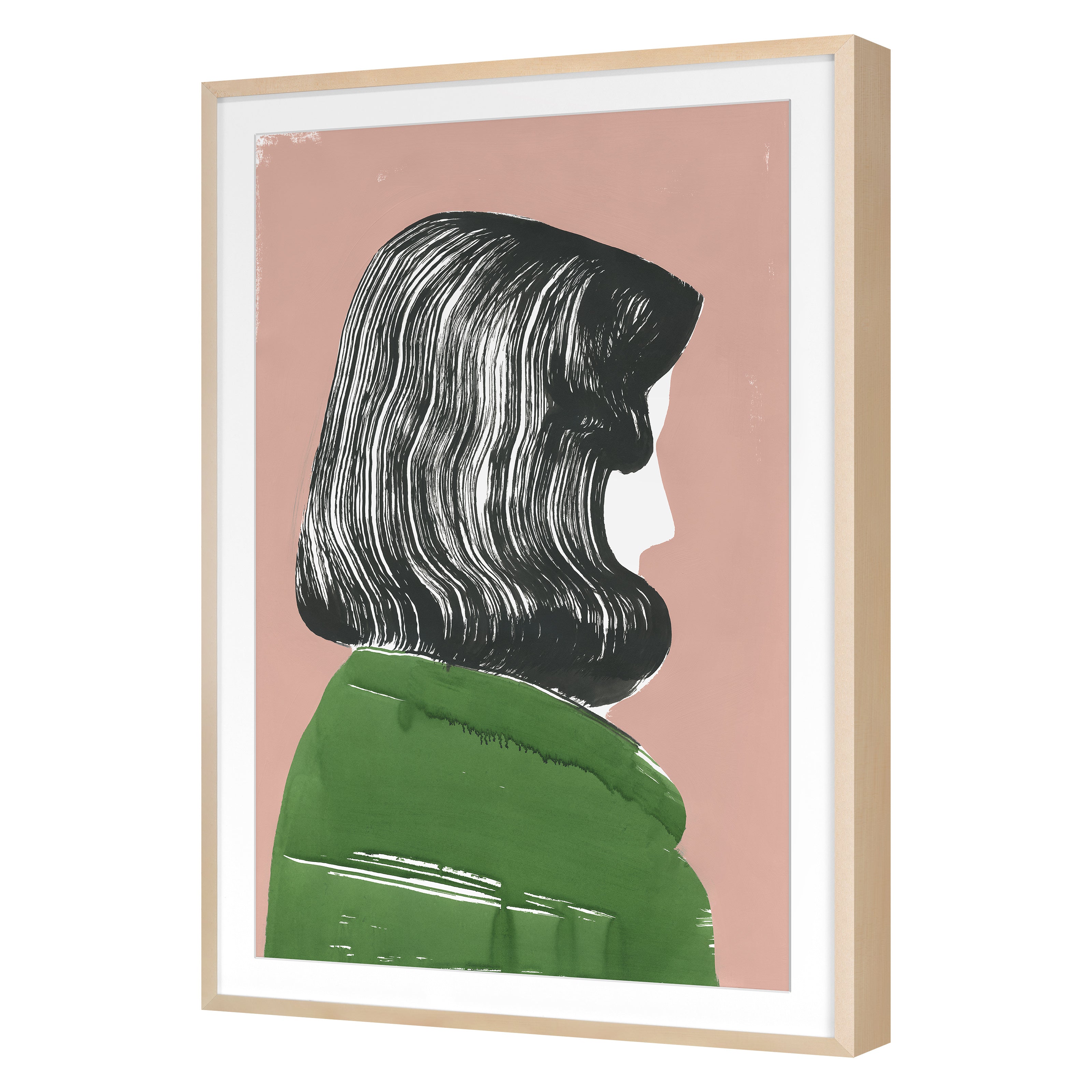 A framed artwork featuring a stylized profile of a woman with black hair and a green garment, set against a pink background.
