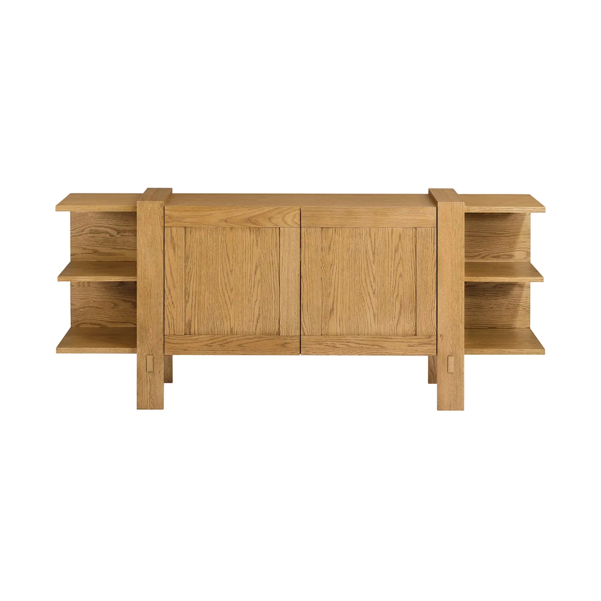 Wooden sideboard with two doors and shelves on a white background