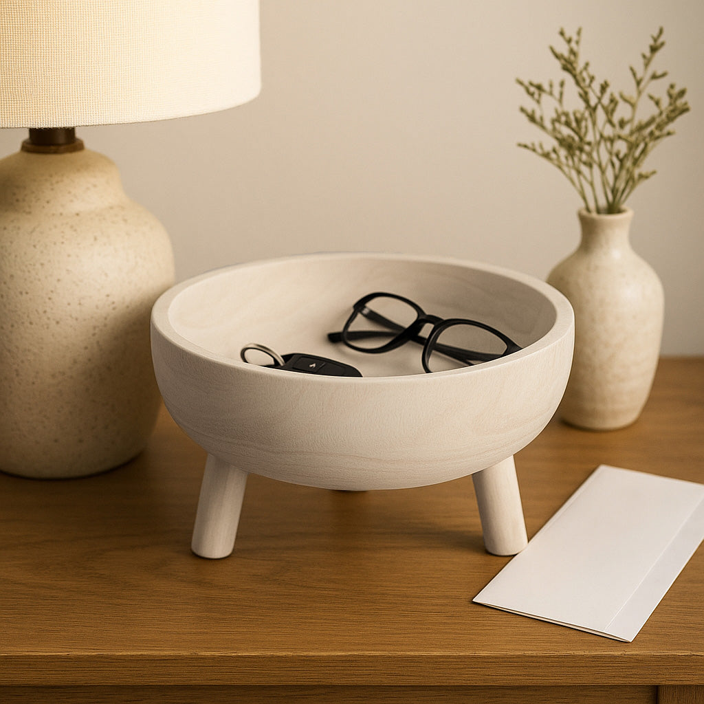White bowl with glasses on a wooden surface next to a lamp and vase.