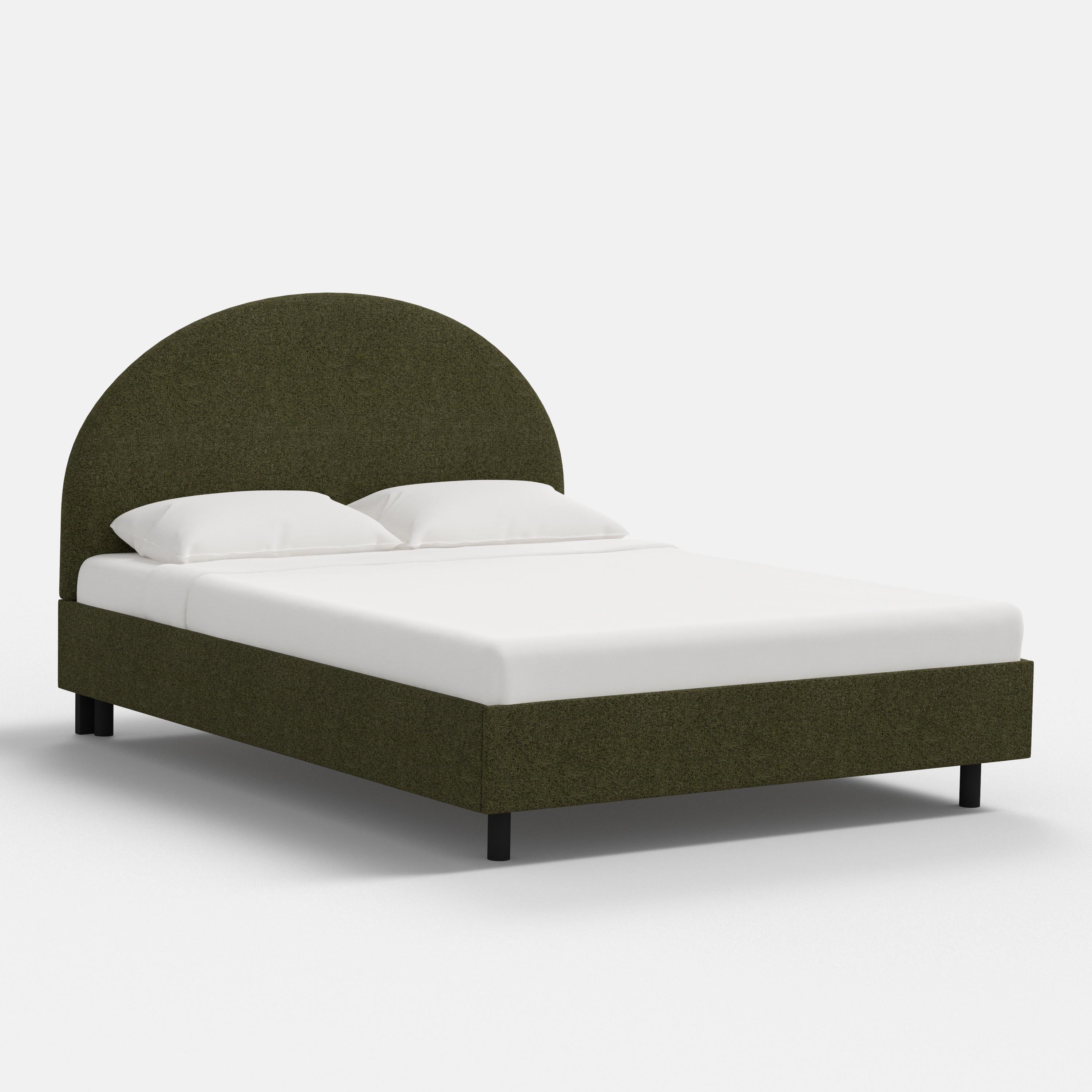 Green upholstered bed with white mattress and pillows on a white background