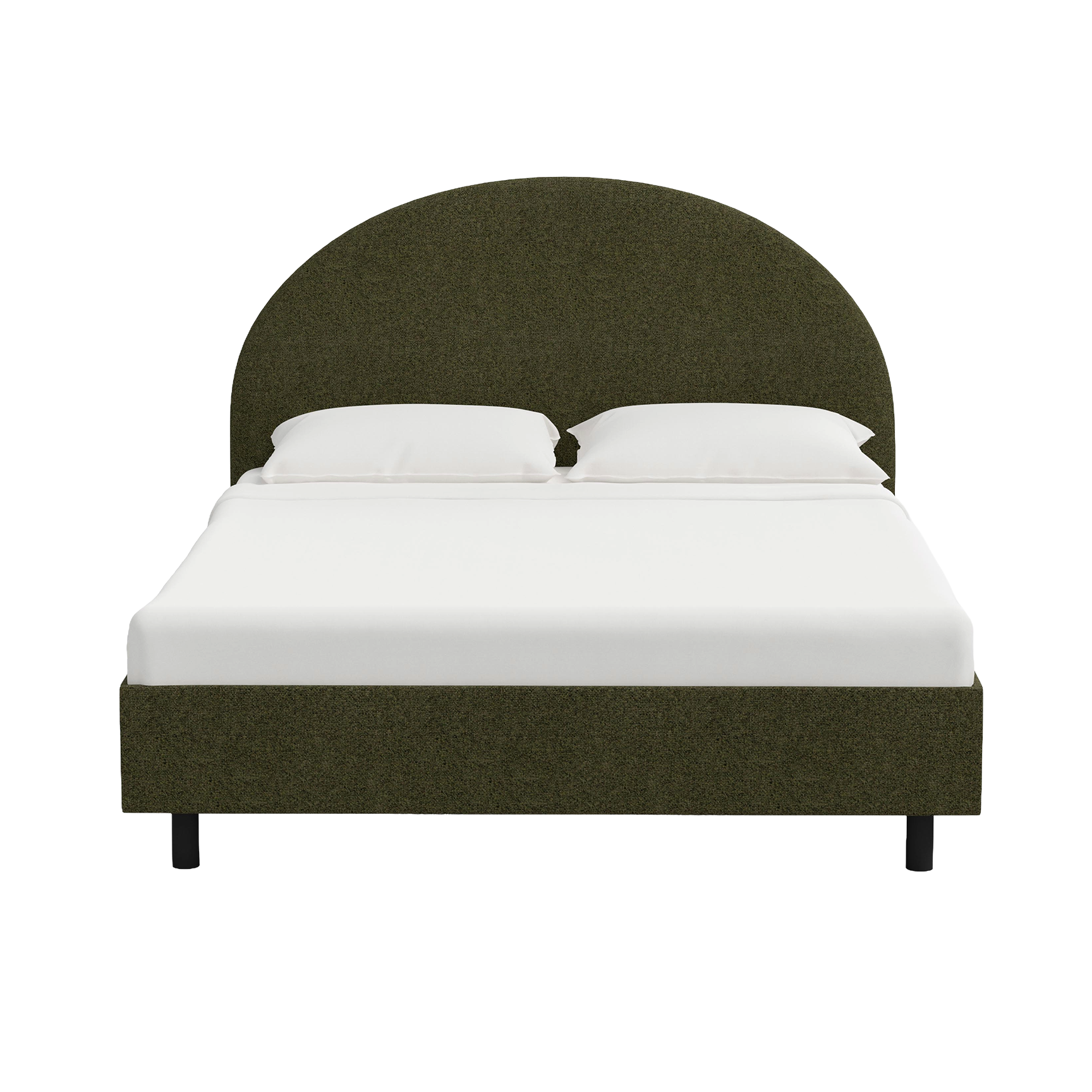 Green upholstered bed with white mattress and pillows on a white background