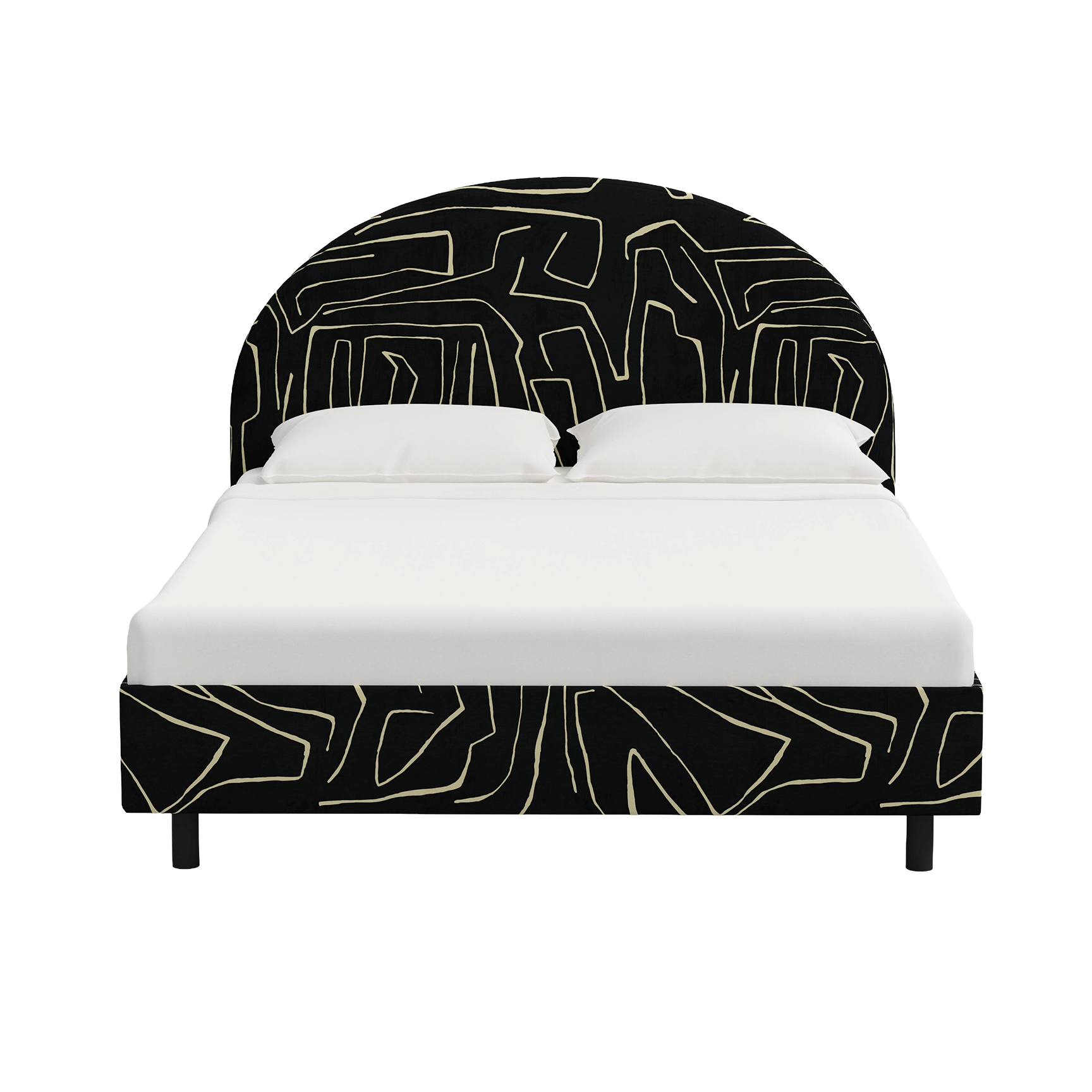 Bed with black geometric headboard and footboard on a white background